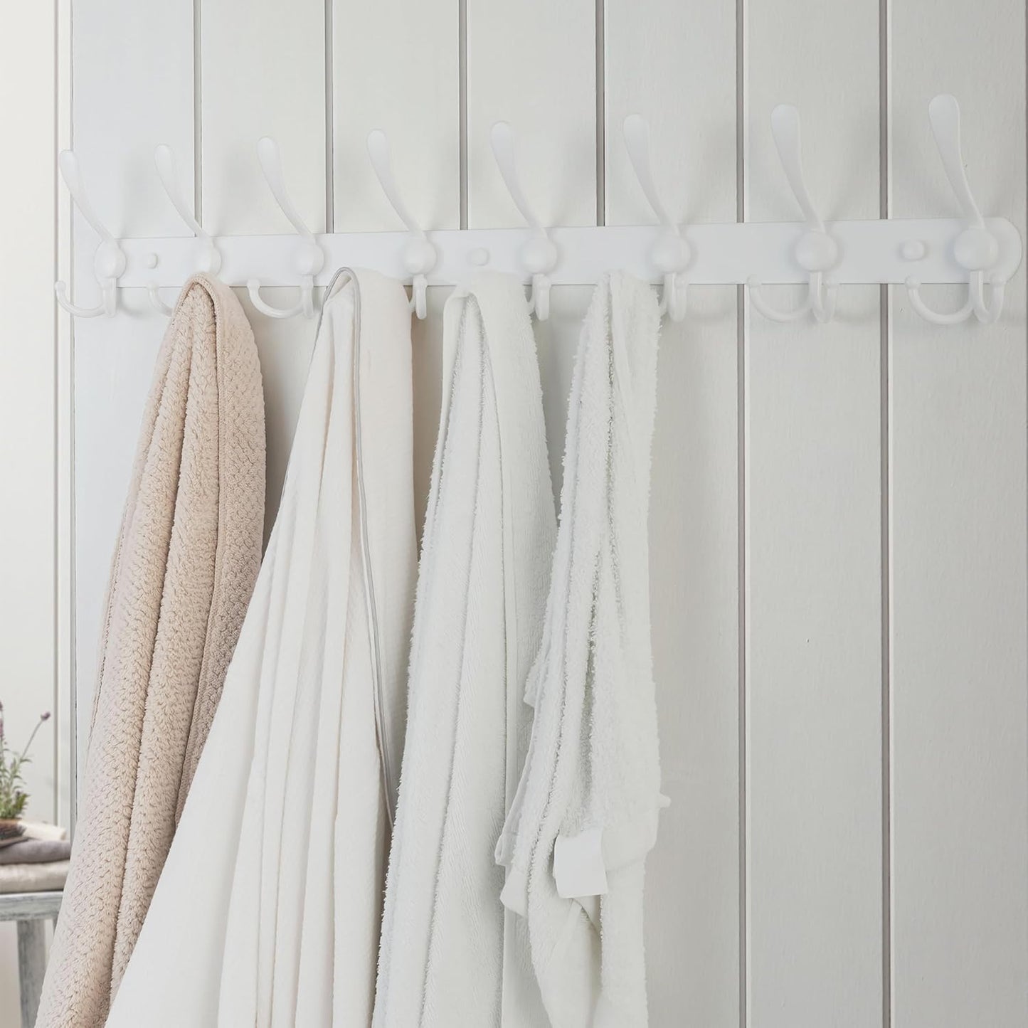 Dseap Coat Rack Wall Mount - 29.5” Long 8-Tri-Hooks Heavy Duty Coat Hanger Rail Wall Hooks for Hanging Coats Hats Clothing Clothes Purse Mudroom Entryway, White, Pack of 2