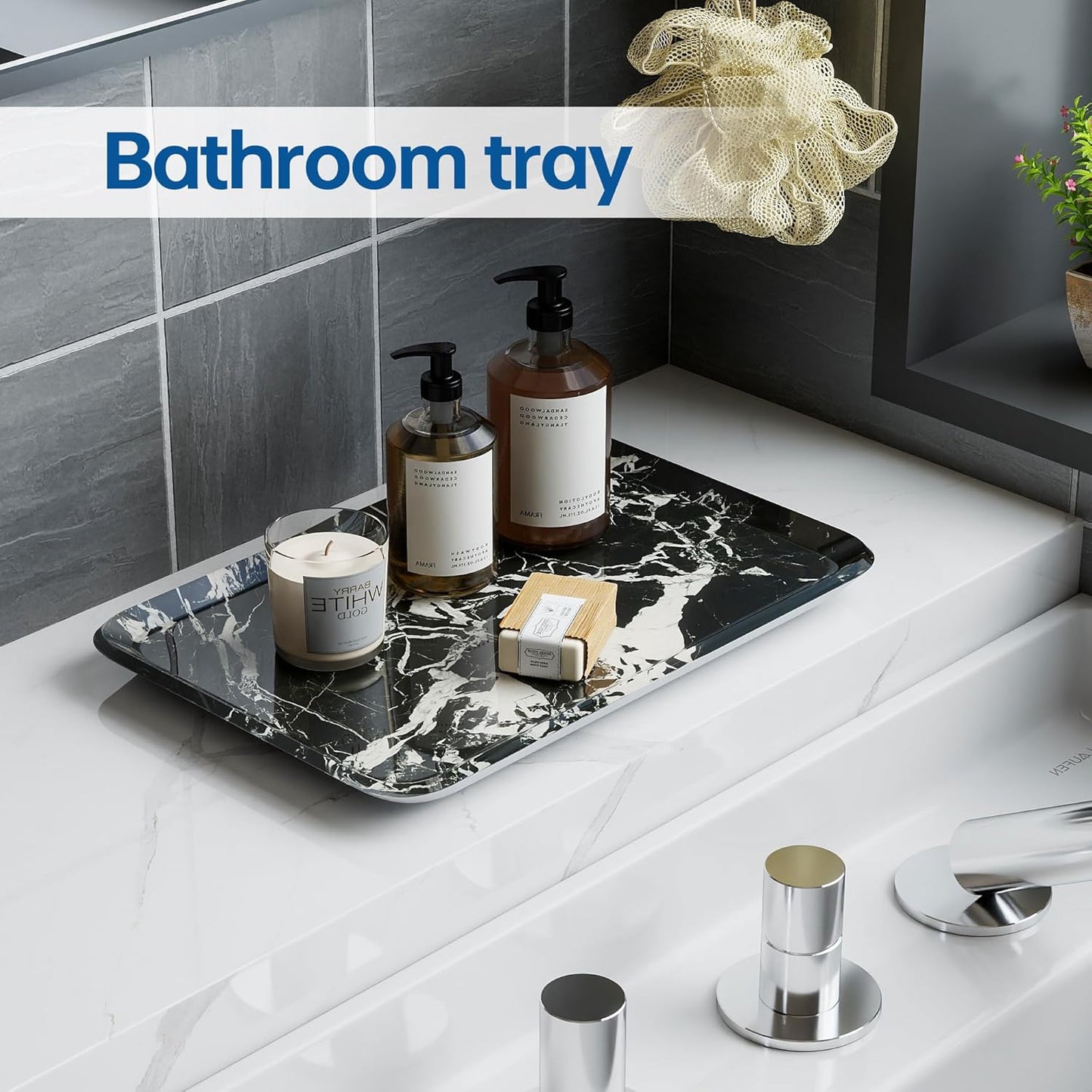 Vanity Decorative Tray, 12" x 8" Black Marble Pattern Perfume Tray, Bathroom & Countertop Organizer for Soap, Jewelry, Candle