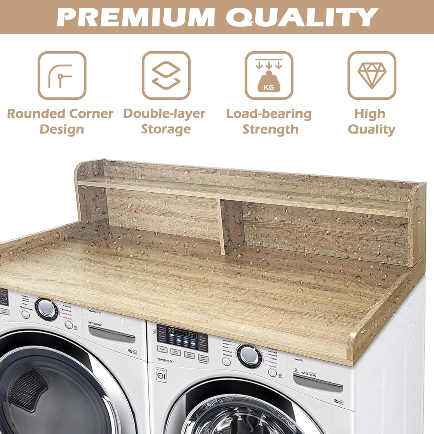 Royxen Laundry Countertop with 2-Tier Shelf Universal Fit, Washer and Dryer Countertop with Storage Space, Shelf Height 11.5 Inches, Solid Wood Core, White Oak