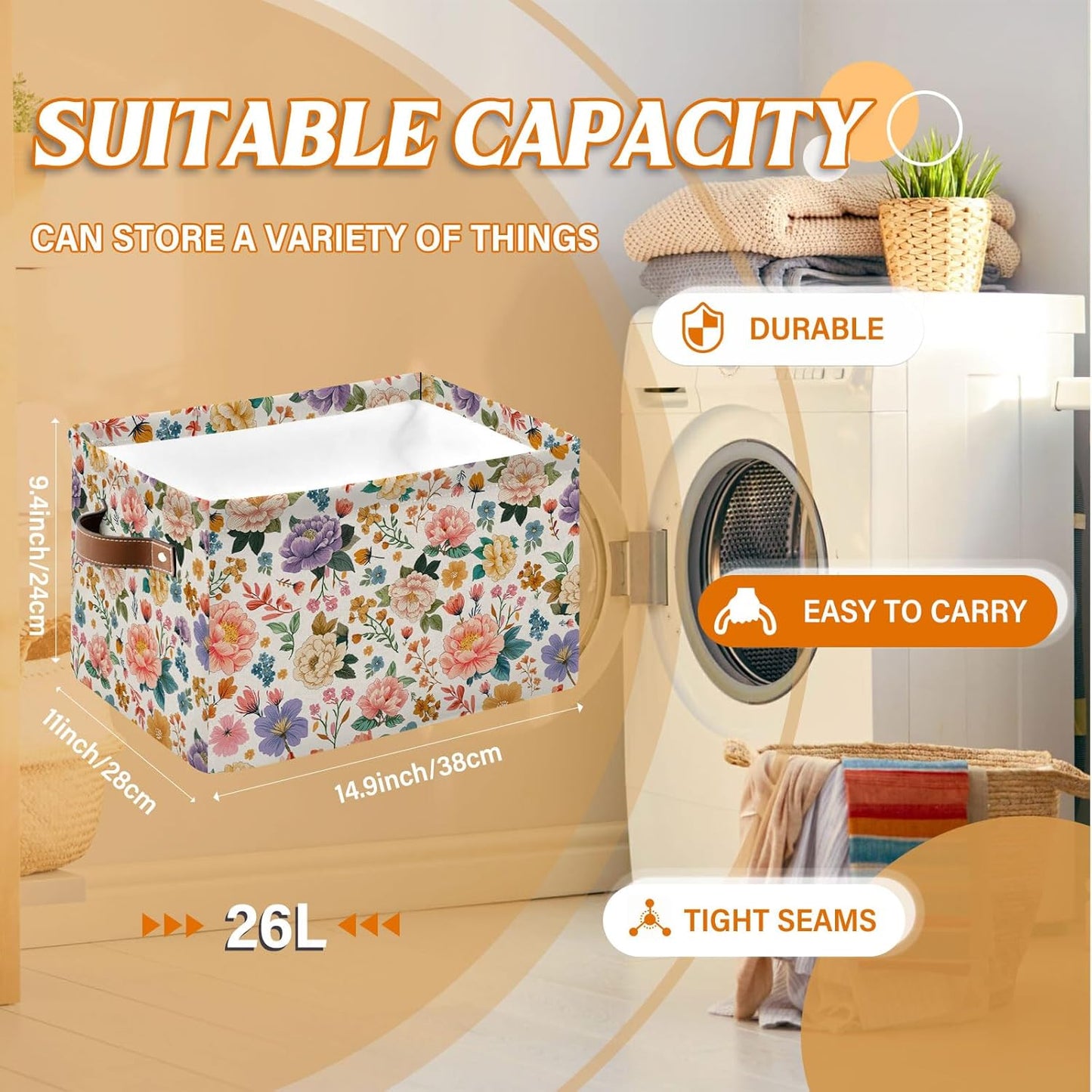 Rectangle Flower Storage Basket, Collapsible Storage Box Bin with Handles for Toy, Floral Storage Basket for Friend, Laundry Organizer for Room, Gifts for Chritsmas Thanksgiving 14.9x11x9.4in