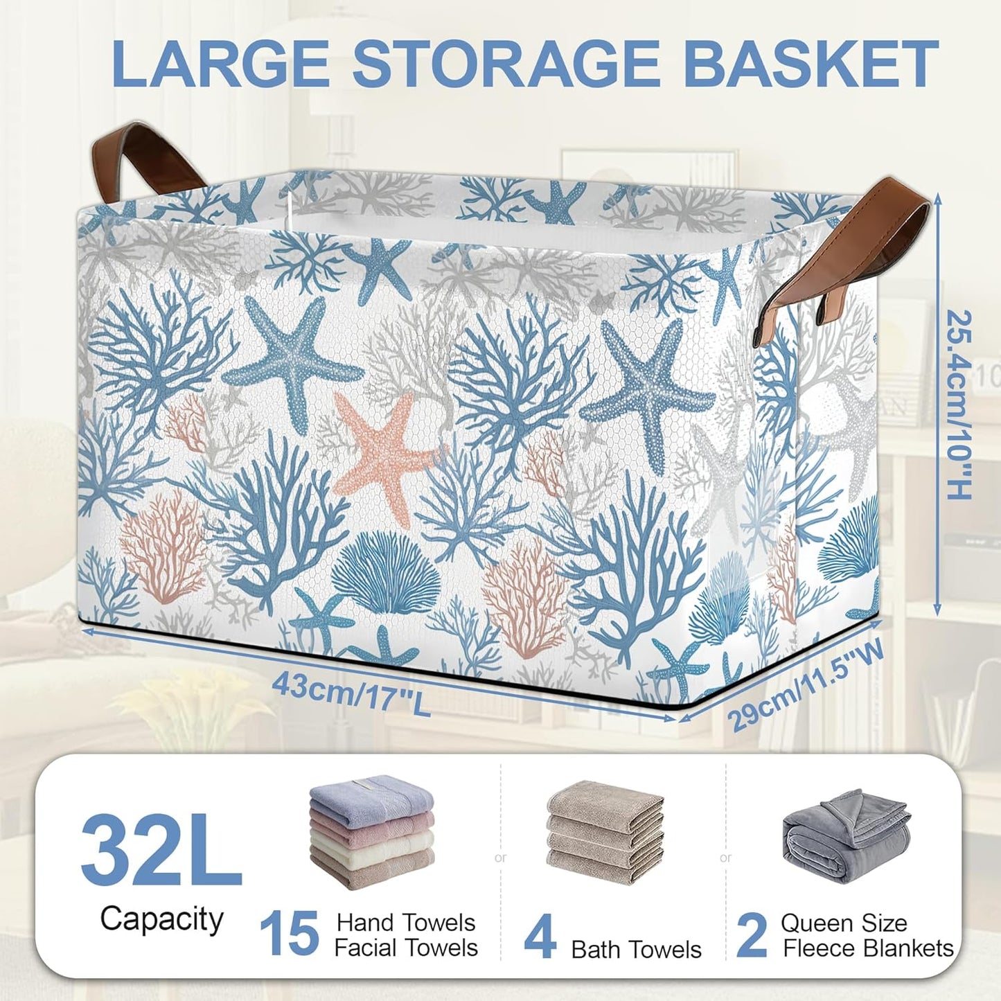 Starfish Coral Storage Basket with Handles,Shell Collapsible Rectangle Organizer Bin for Room Decoration Books Box Baskets 17x11.5x10Inch