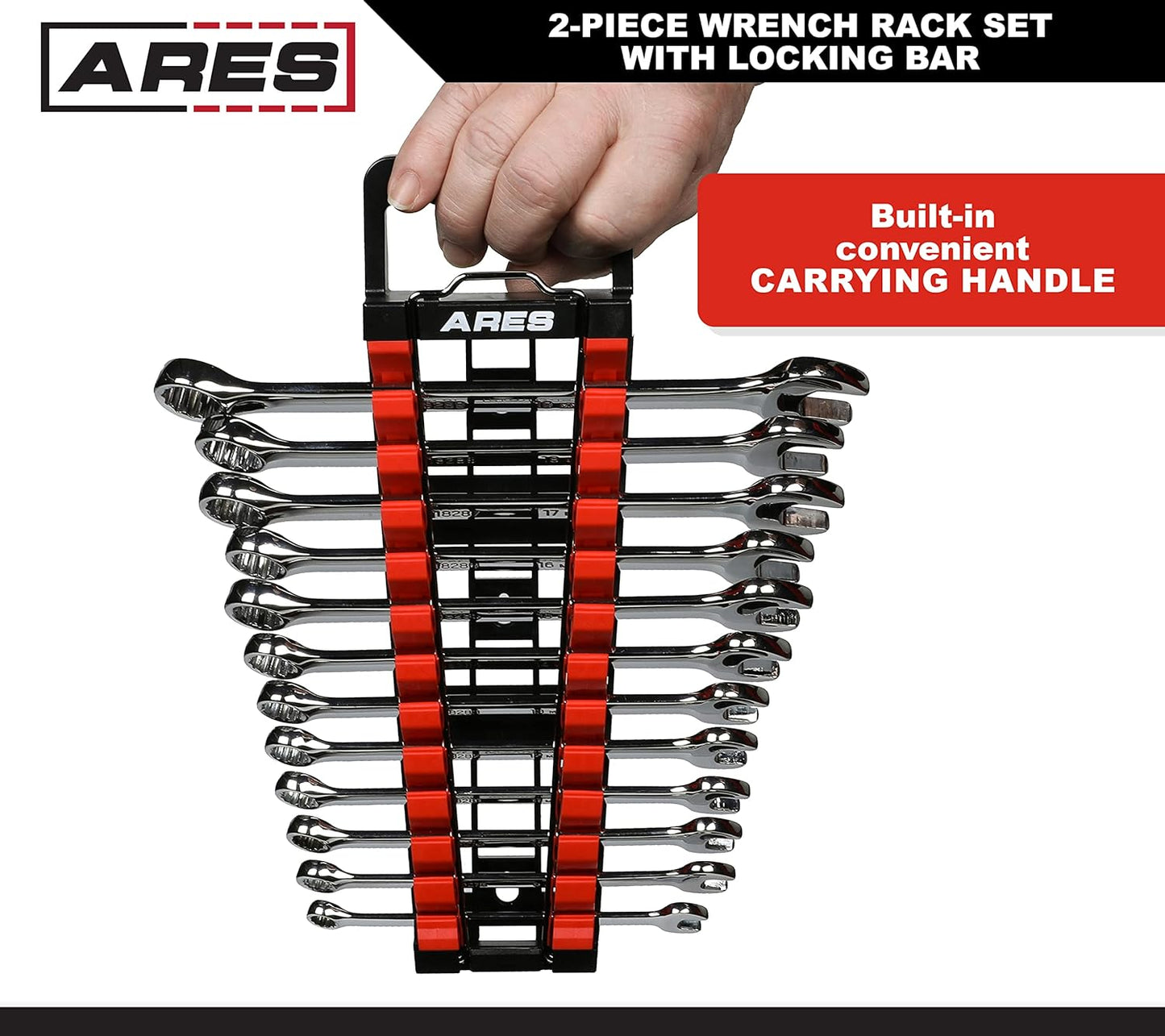ARES 62043-2-Piece Wrench Rack Set with Locking Bar - SAE Rack Holds 1/4-Inch to 1-Inch Sizes - Metric Holds 6 to 25mm Sizes - Locking Metal Clip Secures Wrenches