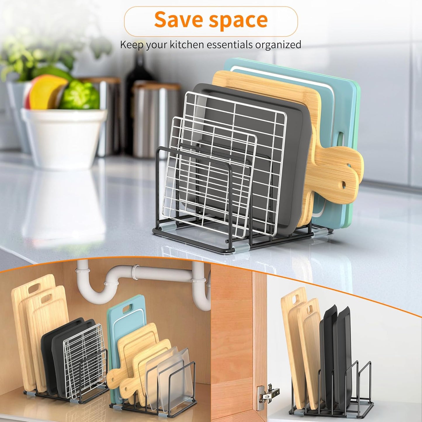 Cutting Board Organizer, Kitchen Cabinet Organizer, Divided Rack with 5 Slots for Baking Trays, Cutting Boards - Cookie sheet Organizer Inside Cabinet, Baking Sheets Holder (medium)
