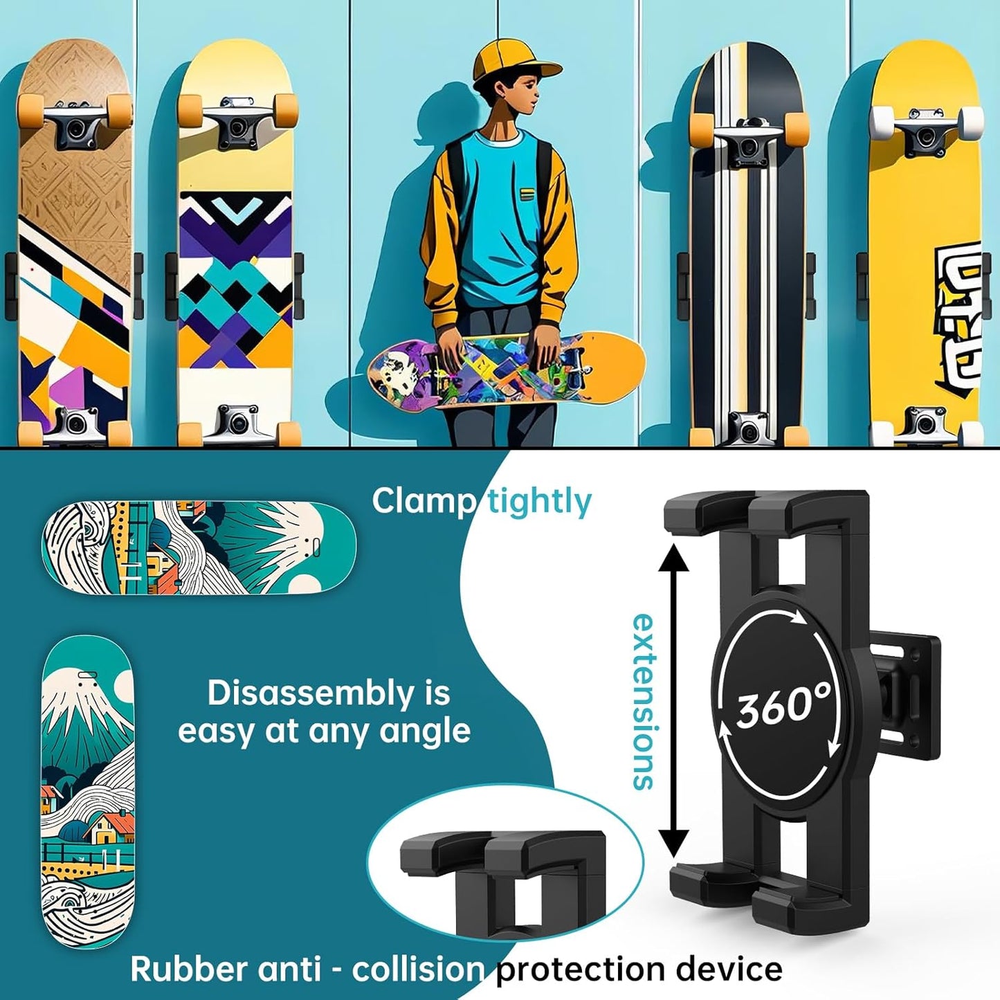 Swivel Skateboard Wall Mount, 360° Skateboard Deck Wall Mount, Suspended Display Hanger Grab, Suitable for Any Skateboard Shop and Enthusiast, Collector 1set