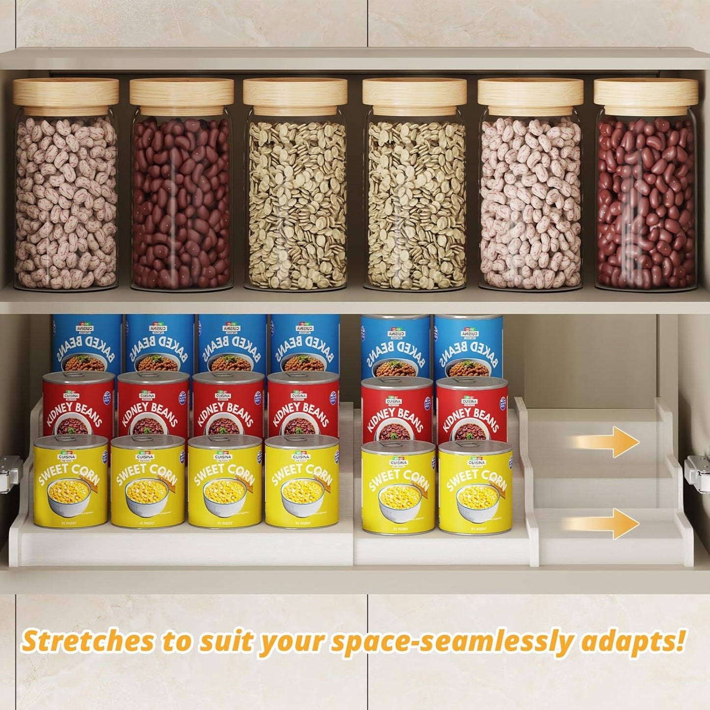 Expandable Bamboo Can Rack Organizer for Pantry, 3-Tier Adjustable Can Storage for Kitchen Cabinets, Soda & Canned Goods Holder for Pantry Organization, Holds Up to 24 Cans, White (Patent Pending)