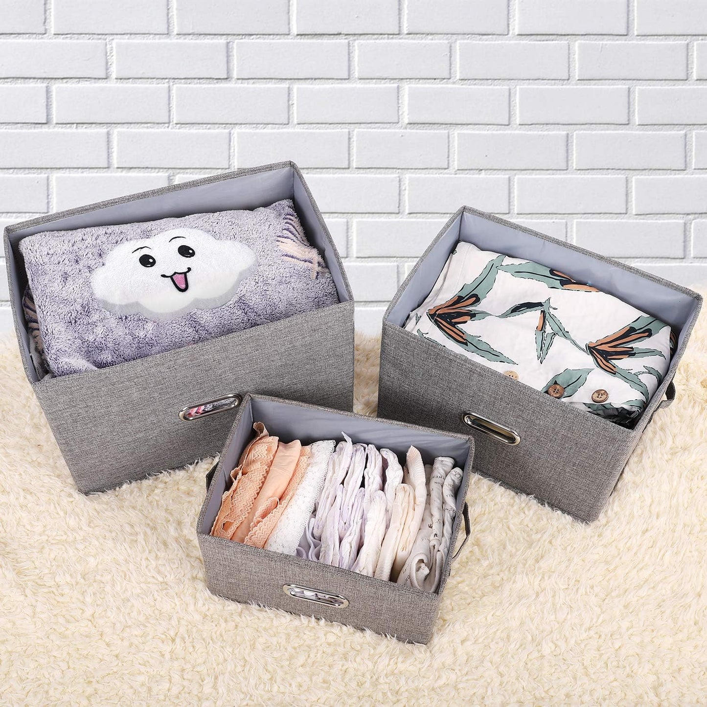 Large Linen Fabric Foldable Storage Bins with Removable Lid and Handles, Washable Storage Box Organizer Containers Baskets Cube with Cover for Bedroom,Office(Cream, Small(2-Pack))