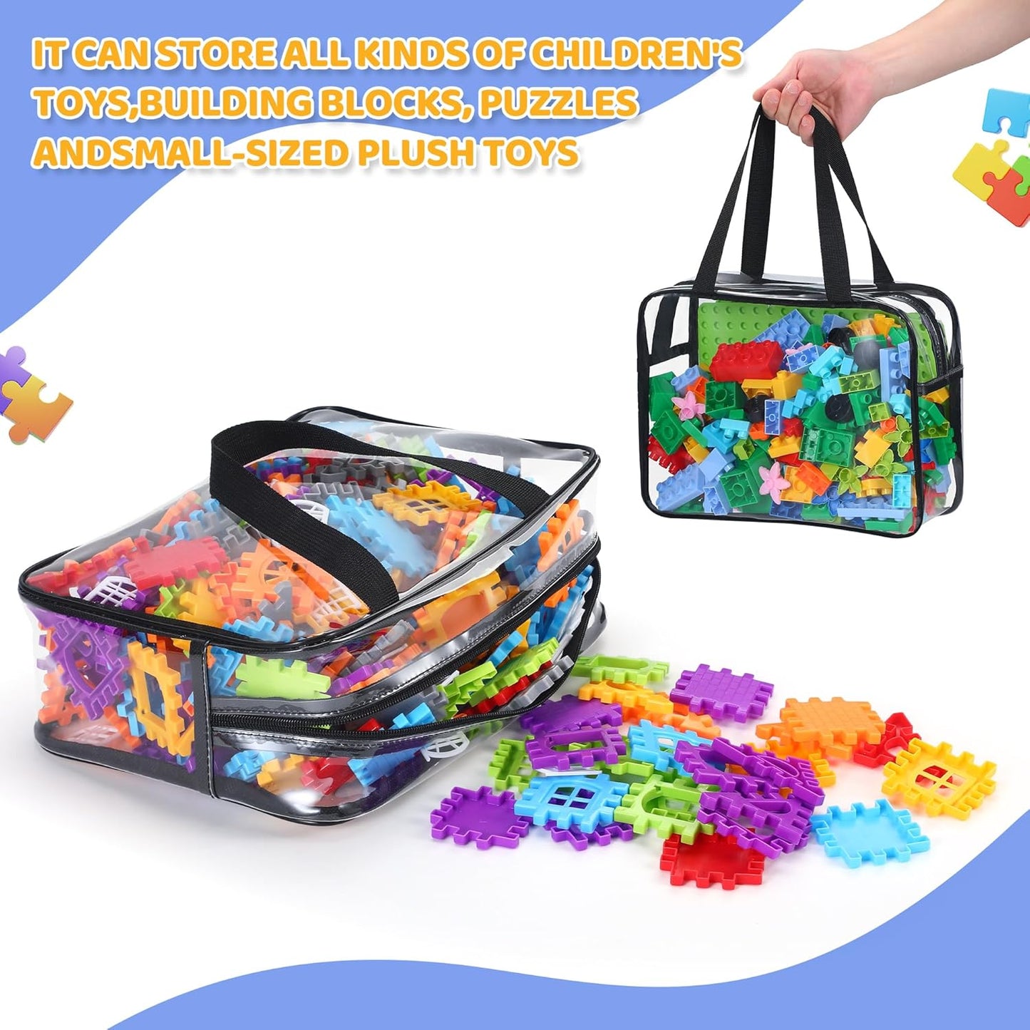 6 Packs Large Toy Storage Bags,Clear Waterproof PVC Toy Storage Organizer with Zipper,Reusable Travel kids Organizer Bags for Board Game,Building Blocks and Puzzles,Black