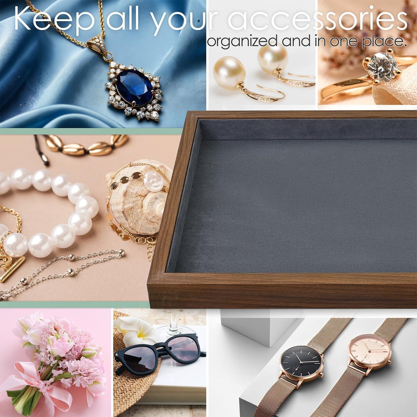 MOOCA 2 Pcs Wooden Jewelry Display Tray, Presentation Tray, Organizer for Rings, Necklaces, Earrings, and Accessories, Walnut Color with Grey Suede, 14" W x 9.6" D x 1.2" H