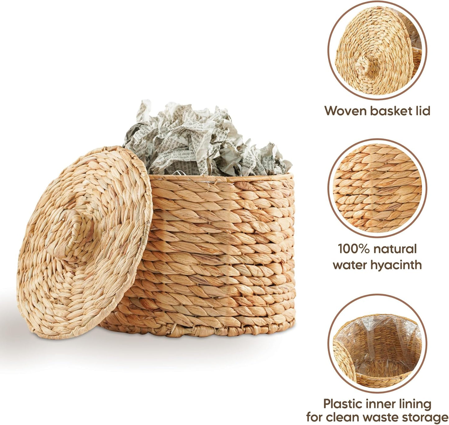 Greenatural Wicker Trash Can, 14x14x11 in Handwoven Water Hyacinth Waste Basket with Lid, Wicker Storage Bin with Natural Finish, Rustic Garbage Can for Laundry Room, Bathroom, Bedroom, Office