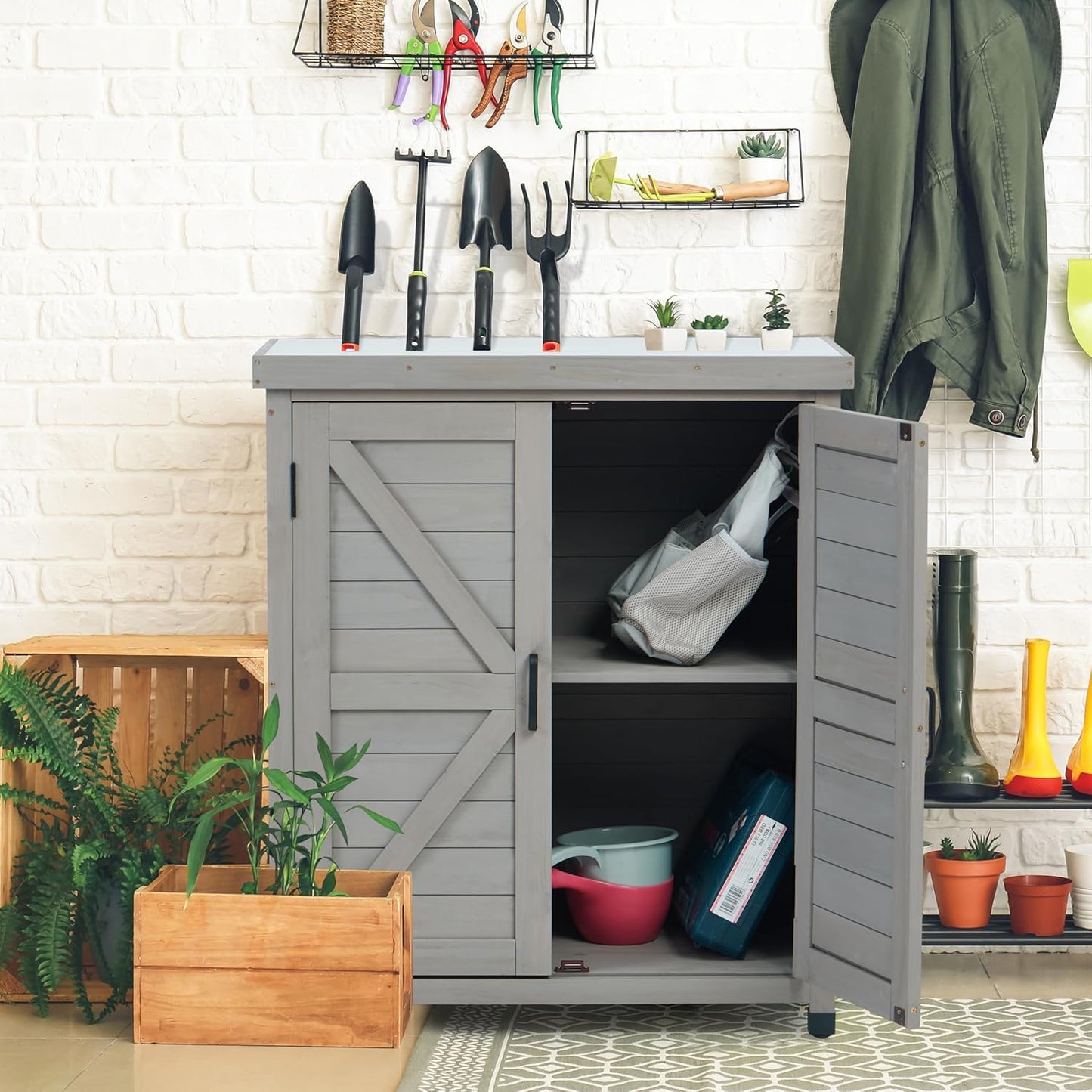 Outdoor Potting Bench with Storage Cabinet and Metal Top, Wood Workstation for Outdoor Patio, Garden (Dark Grey, 31x17x36‘’)