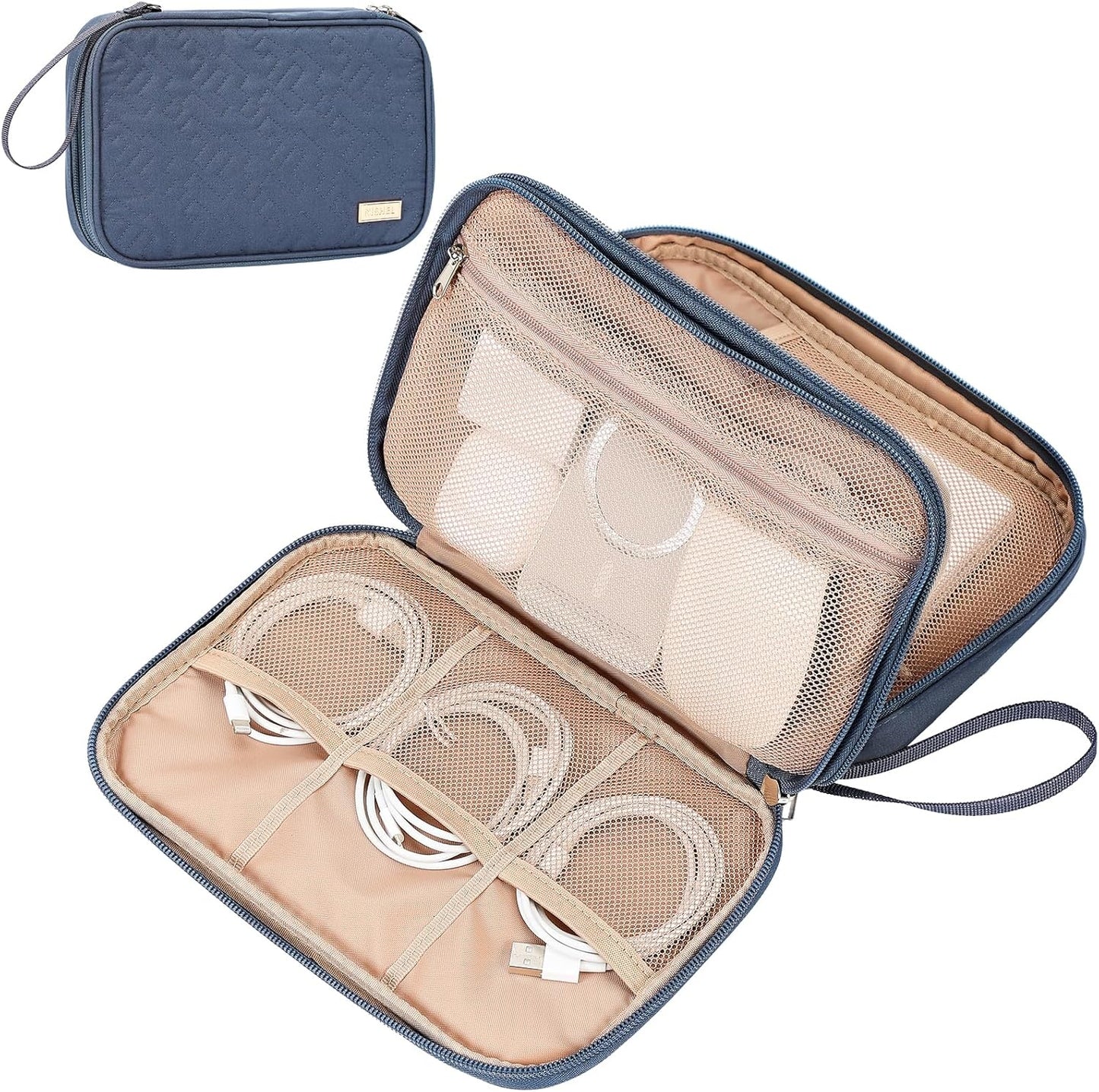 NISHEL Travel Cord Organizer Case, Double Layers Tech Electronic Bag, Essentials for Charger, Cable, Phone, Flash drive, Large, Aegean-Blue