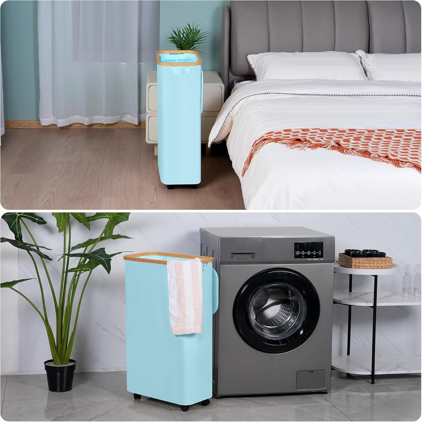 efluky Laundry Basket with Wheels, Tall Rolling Laundry Hamper with Lid and Removable Bag, Aesthetic Dirty Clothes Hamper on Wheels for Laundry Room, Bedroom, Dorm and Bathroom, 75L Glacier Blue