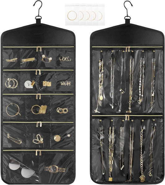CHICECO Travel Jewelry Holder Organizer,Hanging Jewelry Organizer Storage With Zippered Pockets for Cloest,Wall,Door,Jewelry Holder for Earrings, Necklaces（Upgrade Black）