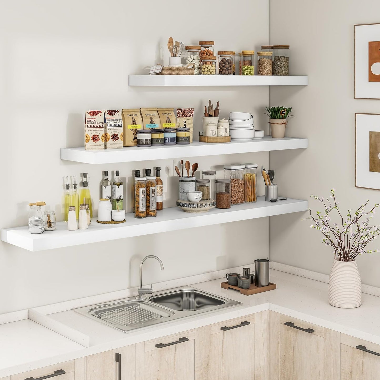 RICHFOCUS 48Inch Floating Shelves for Wall 1 Pack Shelves for Bedroom|Kitchen|Bathroom Wall Mounted Rustic Wood Floating Shelf with Invisible Brackets for Books|Storage|Decor, White