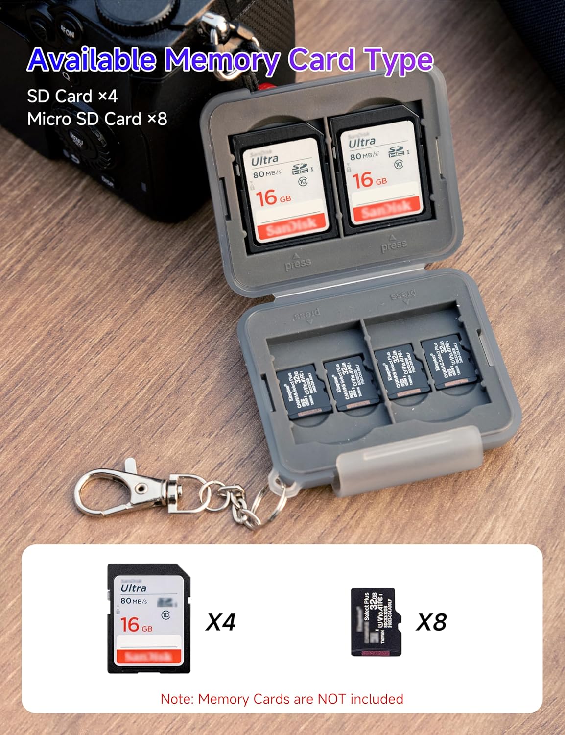 PROfezzion SD Card Holder Case Water-Resistant: Portable 12 Slots Memory Card Case for 8 Micro SD Card & 4 SD/SDXC/SDHC Card, Memory Card Hard Carrying Box Keeper Protector with Rubber Interior Grey