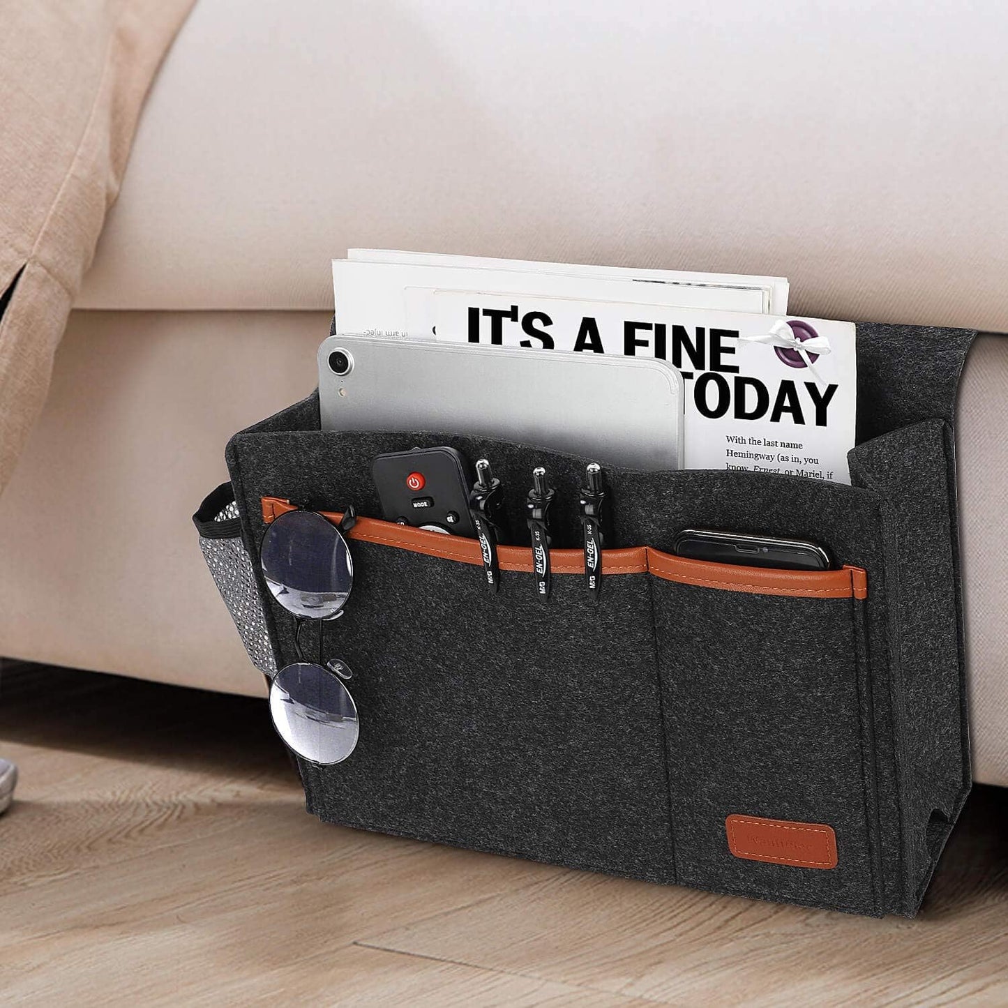 Bedside Caddy, Bed Storage Organizer for Remote Controller, Books, Magzine, Laptop Holder, 12.4'' x 8.6'' inch Bedside Hanging Felt Storage Bag for Dorm Bed with 5 Pockets, Dark Gray