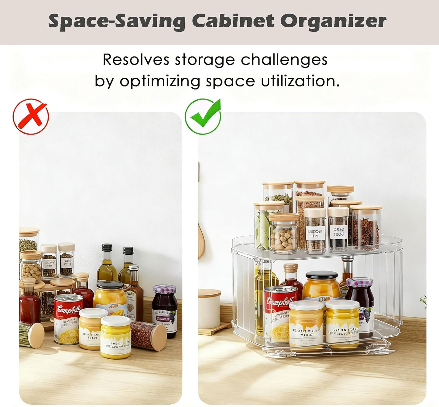 FIRJOY Lazy Susan Organizer for Cabinet, Pantry, Countertop (2 Tier 14" x 10" Clear - 1 Pack, Rectangular)