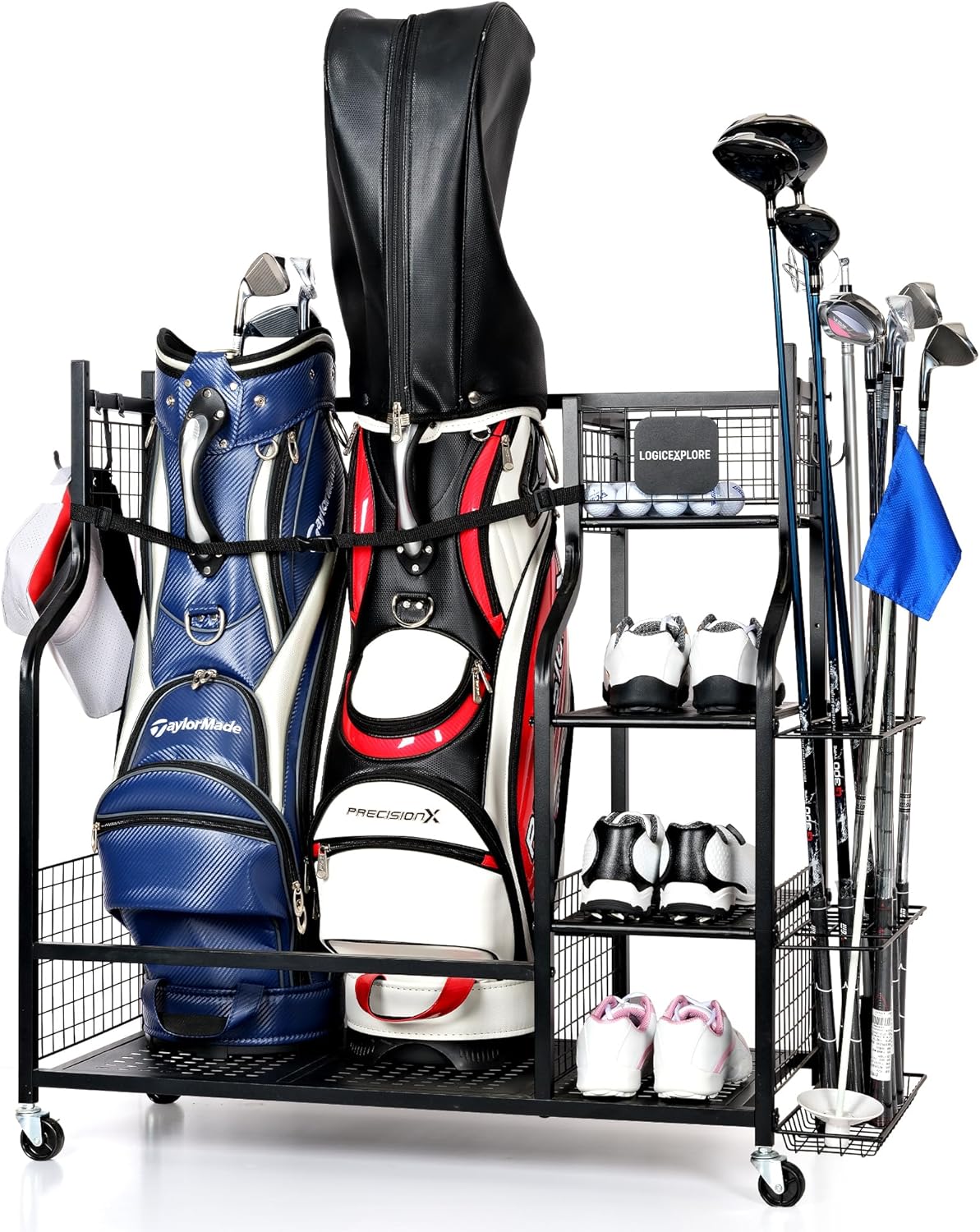 Golf Bag Storage Organizer Rack for Garage, 2 Golf Bag Stand with Rolling Wheels, Heavy-Duty Metal Golf Equipment Organizer for Home, Garage, Clubhouse