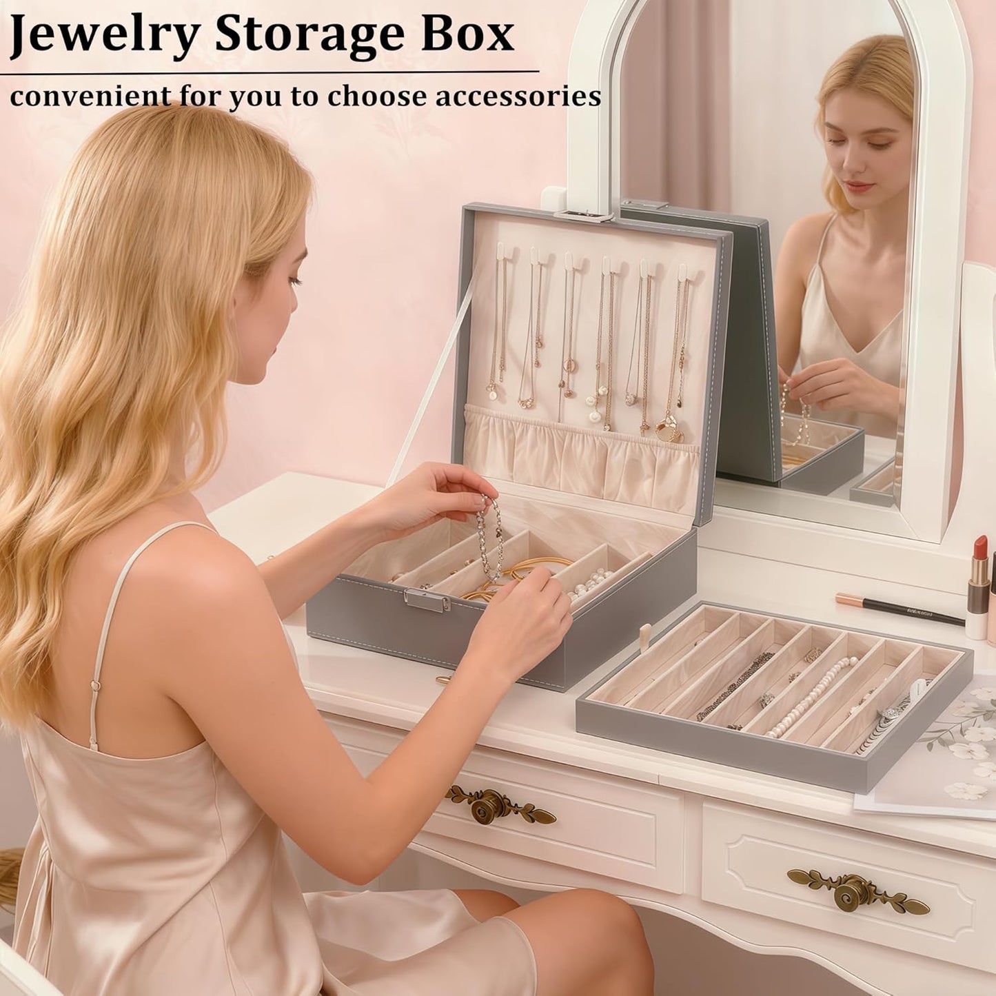 BEWISHOME 2-Layer Necklace Jewelry Box, Modern Style Necklace Storage, PU Leather Jewelry Box for Necklaces, Bracelet, Necklace Case for Women, Girls, Mom (Grey SSH31H)
