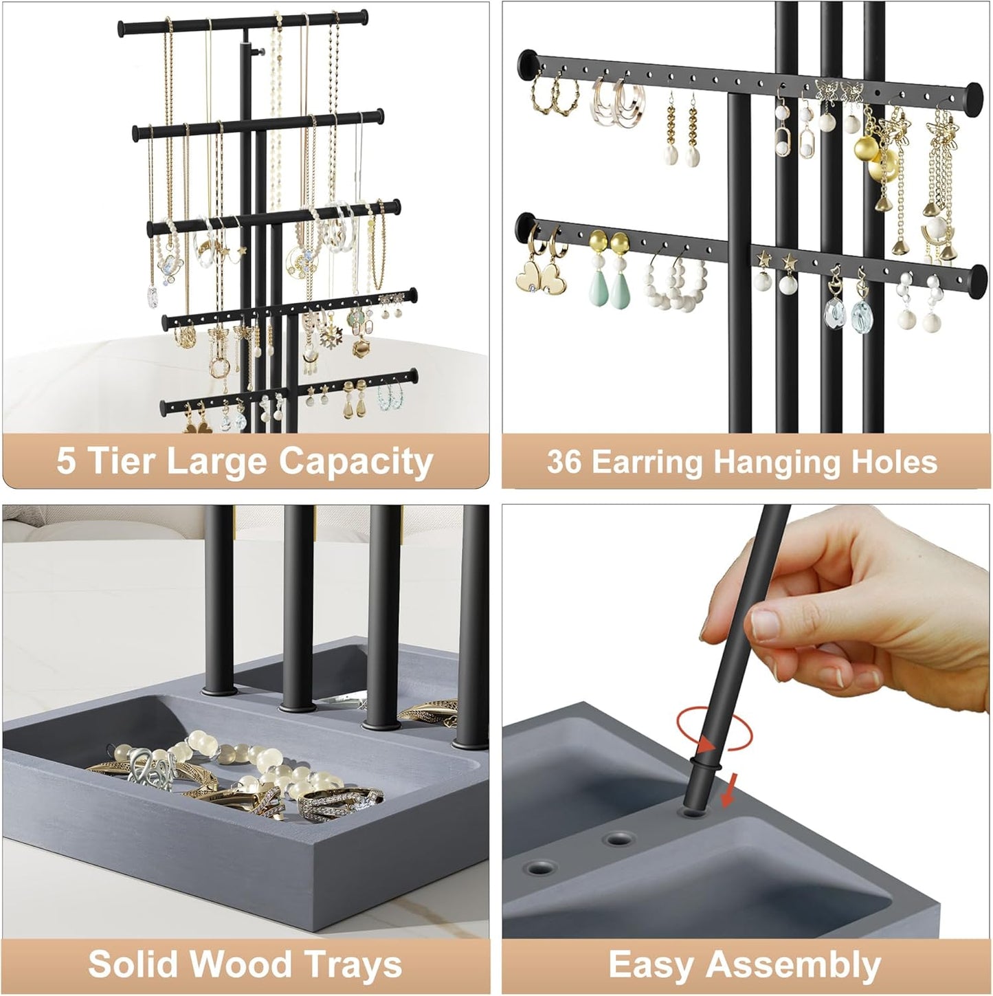 Love-KANKEI Jewelry Organizer Stand, 5 Tier Large Necklace Holder with Wood Base, Jewelry holder stand Tree for Display, Bracelets Earrings Rings, Height Adjustable Gift Weathered Grey
