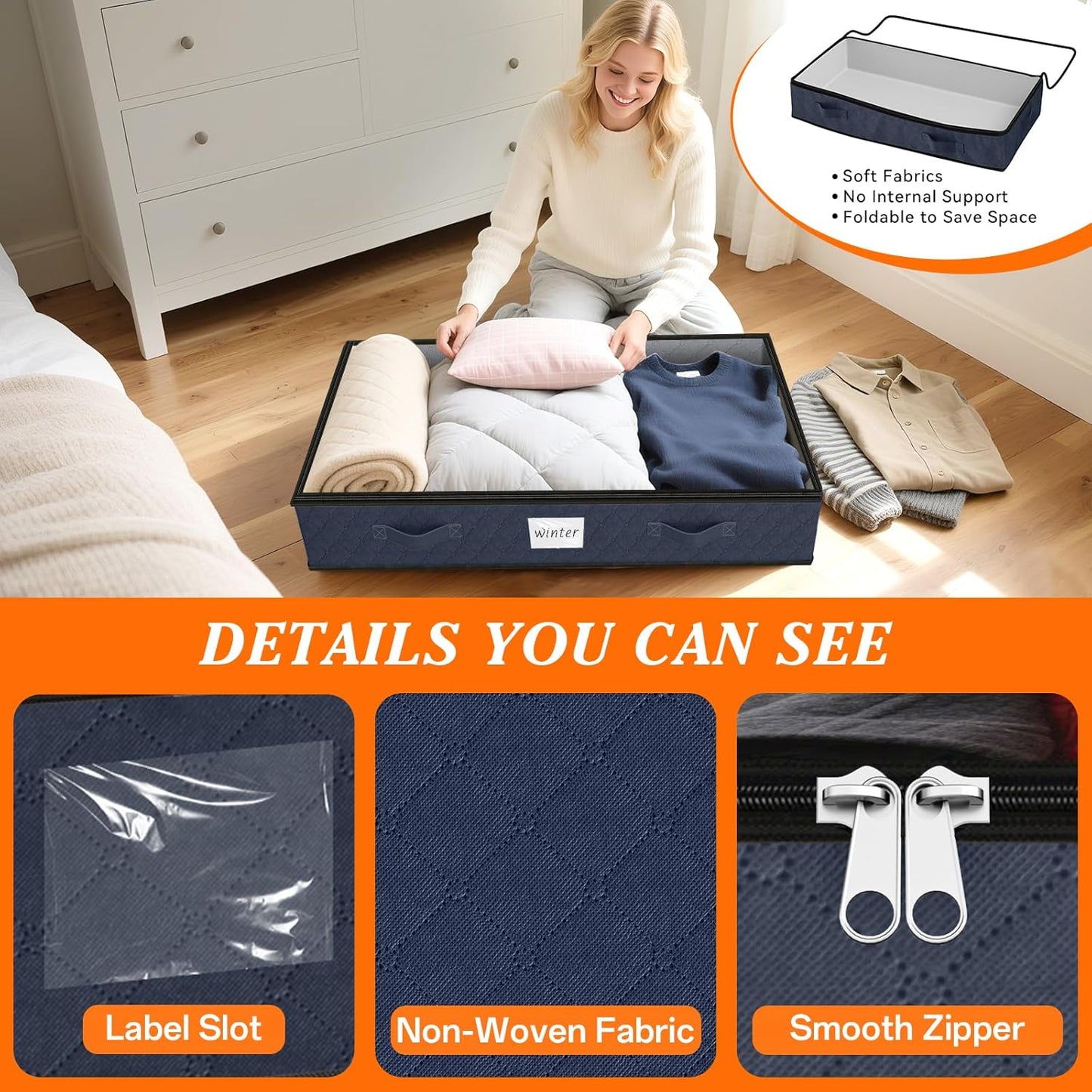 SpaceWhisper 90L Under Bed Storage Containers, 6-Pack Storage Bins with Clear Top, Foldable Closet Organizers and Storage with Label Holder for Clothing, Blankets, Comforter & Pillows(Blue)
