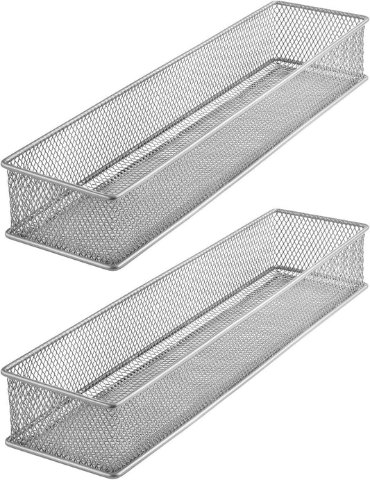 YBM HOME Silver Mesh Drawer Cabinet and or Shelf Organizer Bins, School Supply Holder Office Desktop Organizer Basket (2, 3x12x2 Inch)