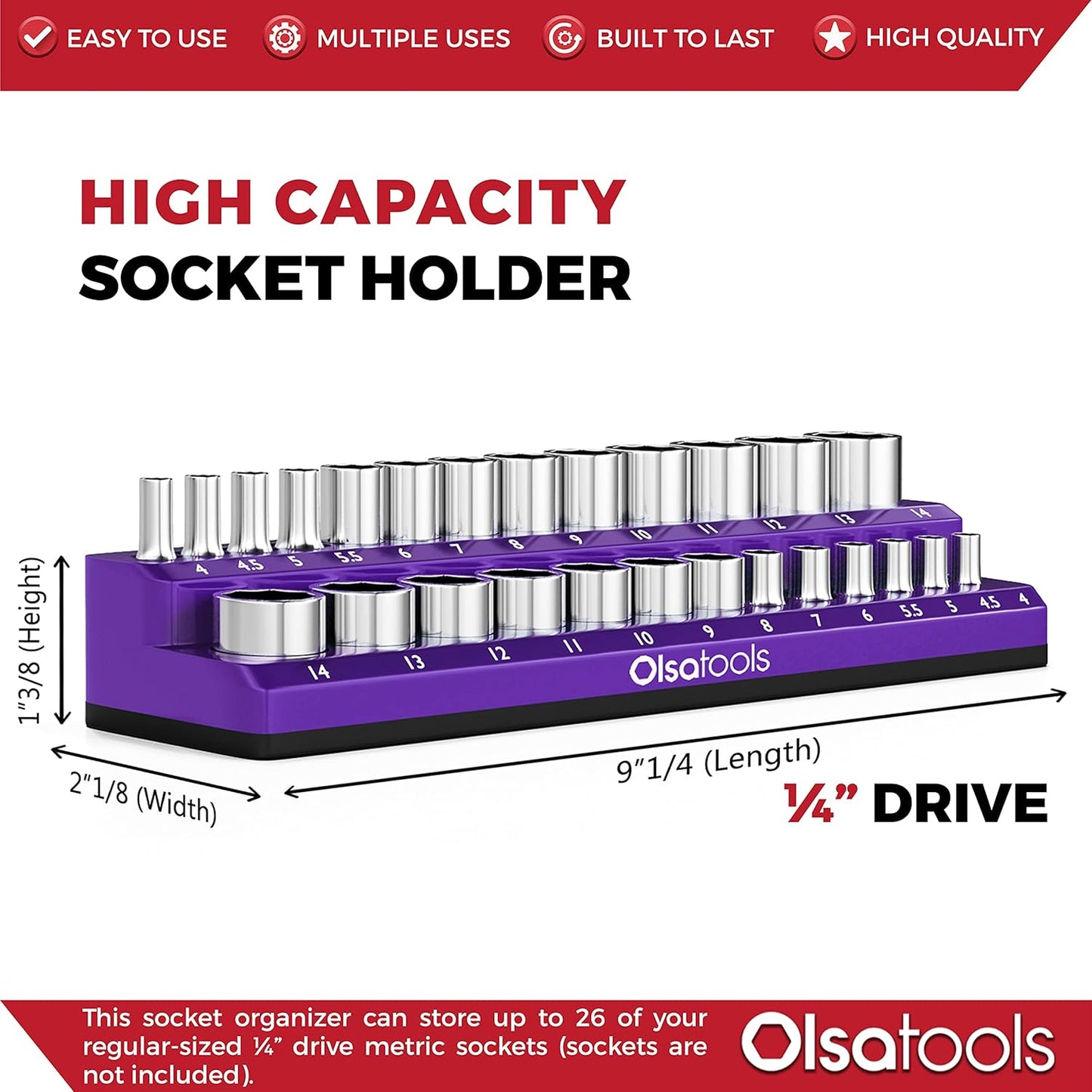 Olsa Tools Magnetic Socket Holder | 1/4-inch Drive | Metric | Purple | Holds 26 Sockets | Professional Quality Tools Organizer