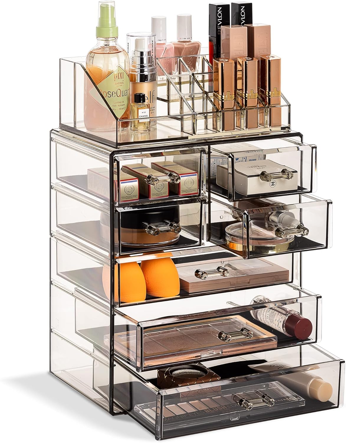 Sorbus Acrylic Makeup Organizer Set, 7-Drawer Vanity & Countertop Cosmetic Storage with Small & Wide Compartments, Black-Tint Makeup Storage for Brushes, Jewelry – Holiday Gift for Women & Teens