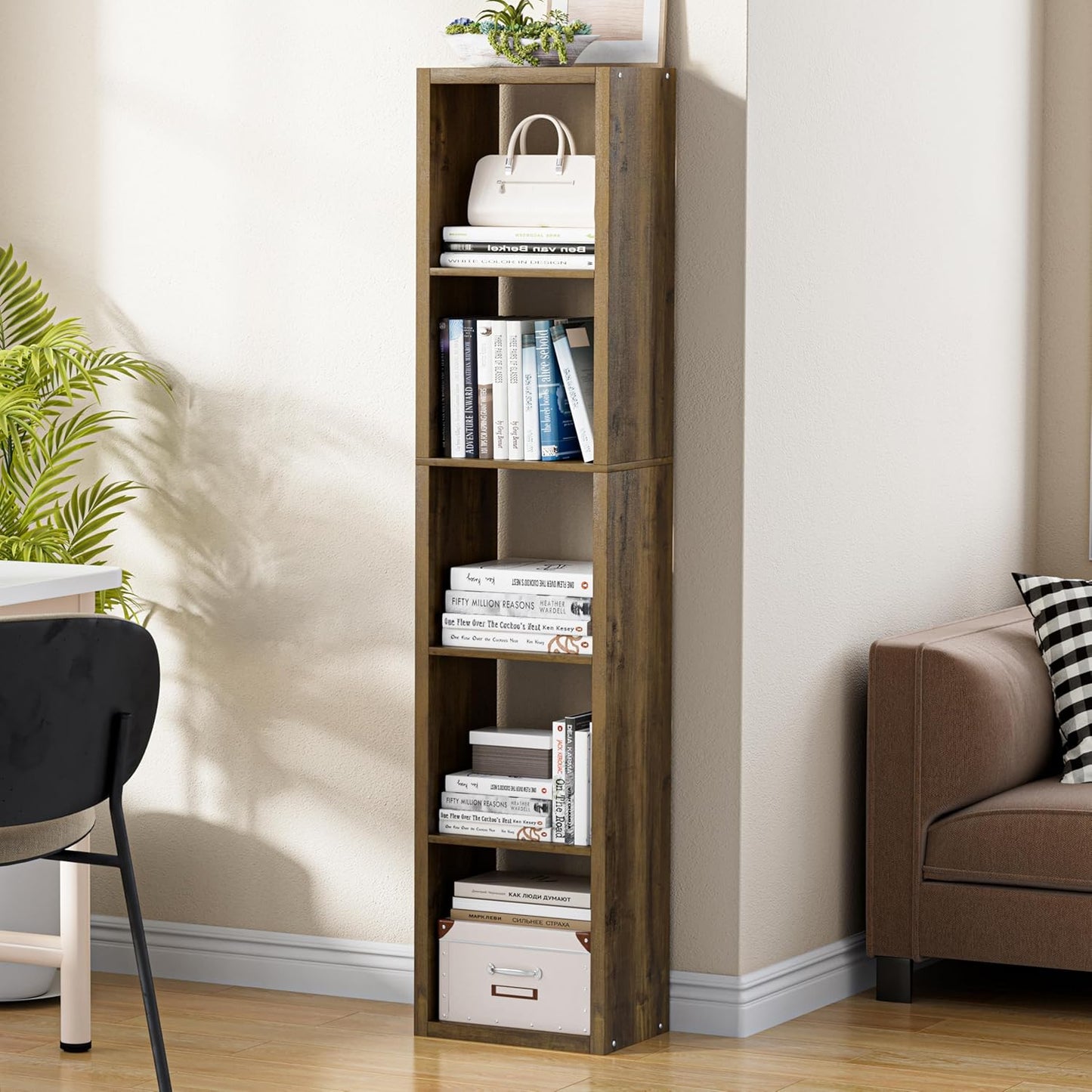 Tall Cube Storage Organizer Bookcase, 5 Tier 11 inch Open Back Cubical Shelf with Thickened Border, Display Bookshelf for Living Room, Home Office, Sturdy Room (Brown, 5 Cube,Vertical)