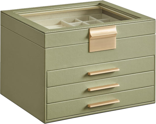 SONGMICS Jewelry Box Organizer with Glass Lid, 4-Layer Jewelry Storage, with 3 Drawers, Modern Style, Christmas Gift, 8 x 9.1 x 6.5 Inches, Avocado Green and Gold Color UJBC173C02