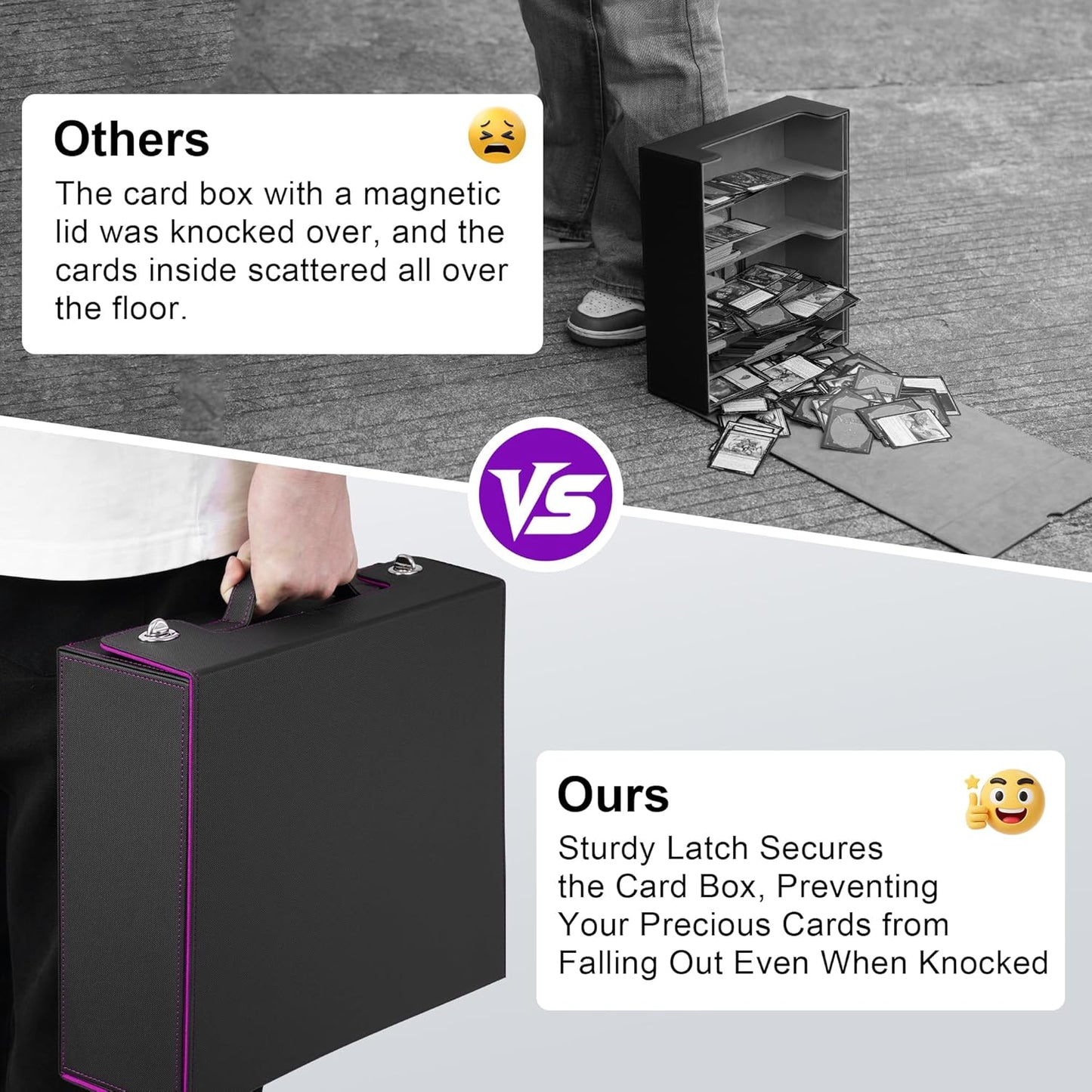 Trading Card Storage Box with Portable Handle, 3000+ MTG Storage Box with 4 Card Stoppers Commander Display Deck Box Card Case Top Loaders MTG TCG Sports Cards Commander Deck Box(Black&Purple)