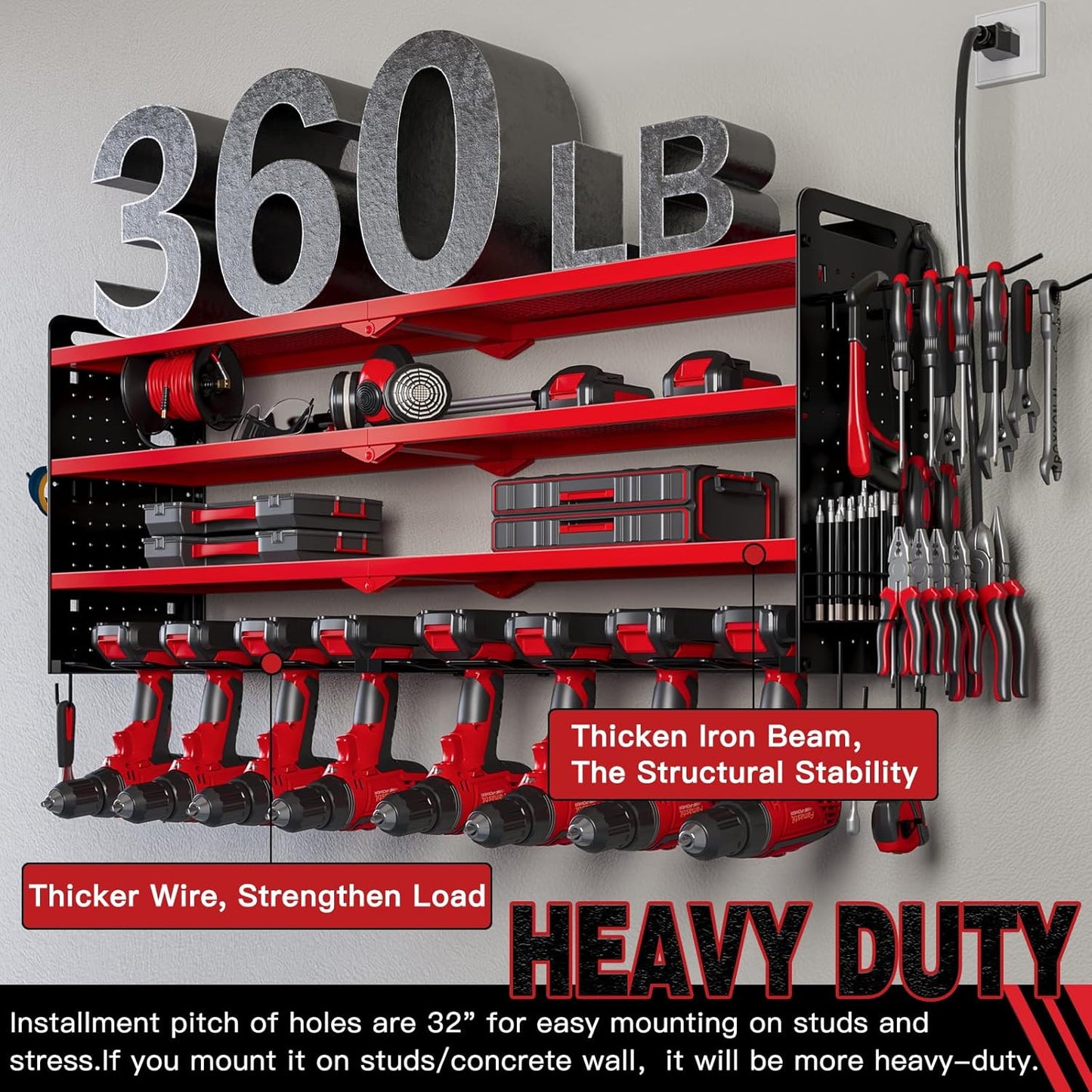 Power Tool Organizer Wall Mount with Charging Station,Cordless Tool Organizer 8 Drill Holder, 4 Layer Storage Rack for Garage Organization,Tool Holder with 8 Outlet Power Strip (Red)