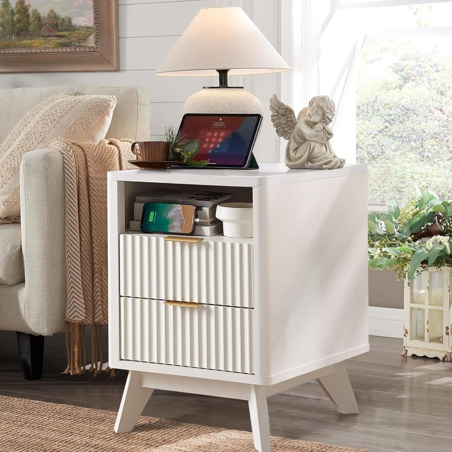 Fluted Nightstand - 24" Modern Bedside Table w/ 2 Drawers, Wood Bed Side End Table with Open Shelf, Night Stand with Storage Drawer, Curved Design Night Stands for Bedroom Living Room (White)