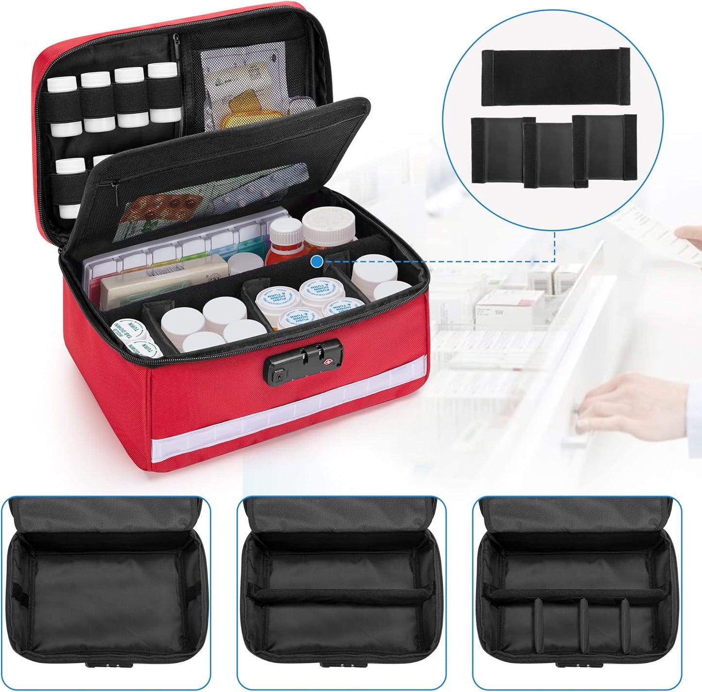 Damero Locking Pill Bottle Organizer with Inner Dividers, Medicine Storage and Organizer Bag Combination Lock for Medicine, Vitamins and Medical Supplies, Red