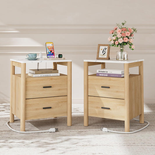 Night Stand Set of 2 with Charging Station, 20" Large Modern Nightstand with Faux Marble Top, 2 Drawers End Table with Solid Round Post Legs&Open Shelf, for Bedroom, Natural Oak