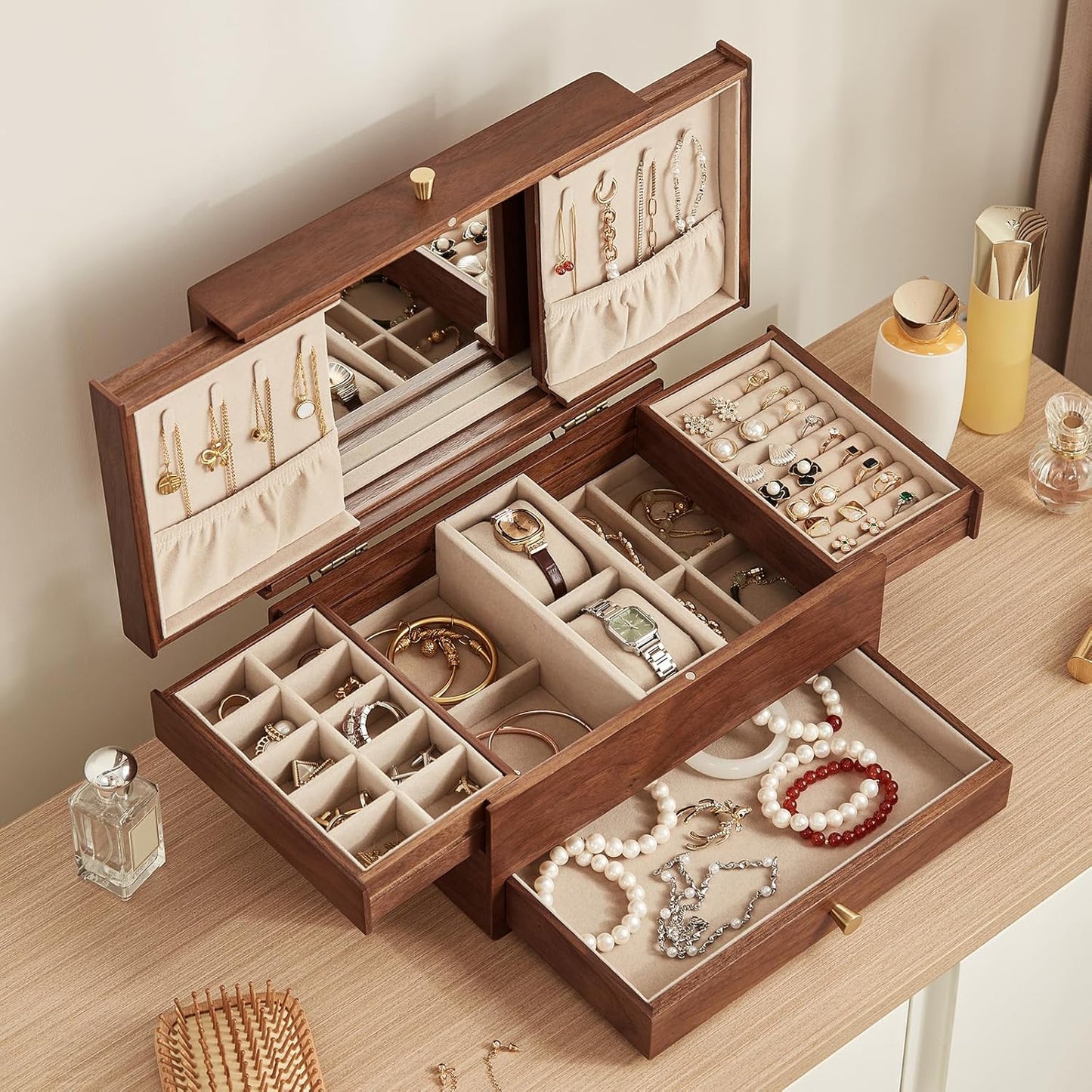 CHOSIN Black Walnut Wooden Jewelry Box for Women, 3 Level Multi-functional Drawer Organizer Box Watch Necklace Ring Earring Storage