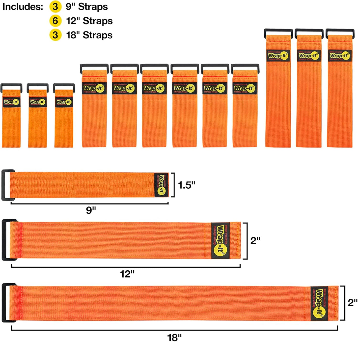Super-Stretch Wrap-It Storage Straps - Assorted 12-Pack Orange - Elastic Hook and Loop Cinch Straps - Extension Cord Organizer, Hose and Cables Straps, Cord Wrap, Cord Keeper, Garage and RV Storage