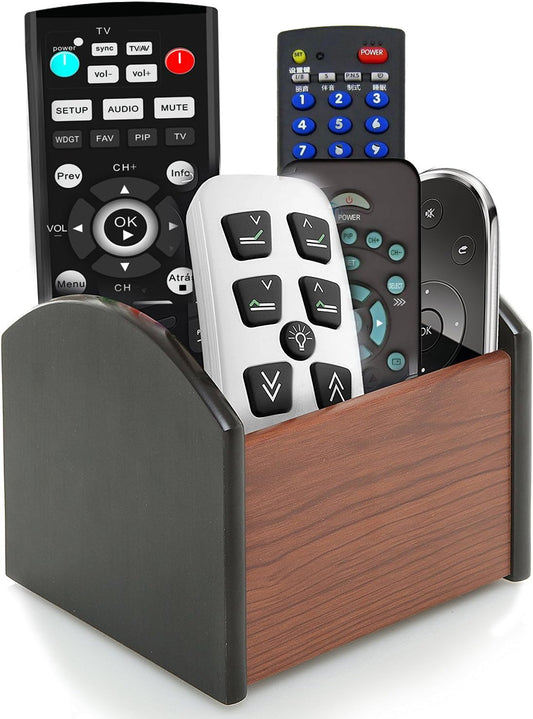 Coideal Remote Control Holder Caddy Wood, Rotating Wooden Pen Pencil Holder Organizer Medium Revolving Desktop Office Supplies Storage for Table (4 Compartments)