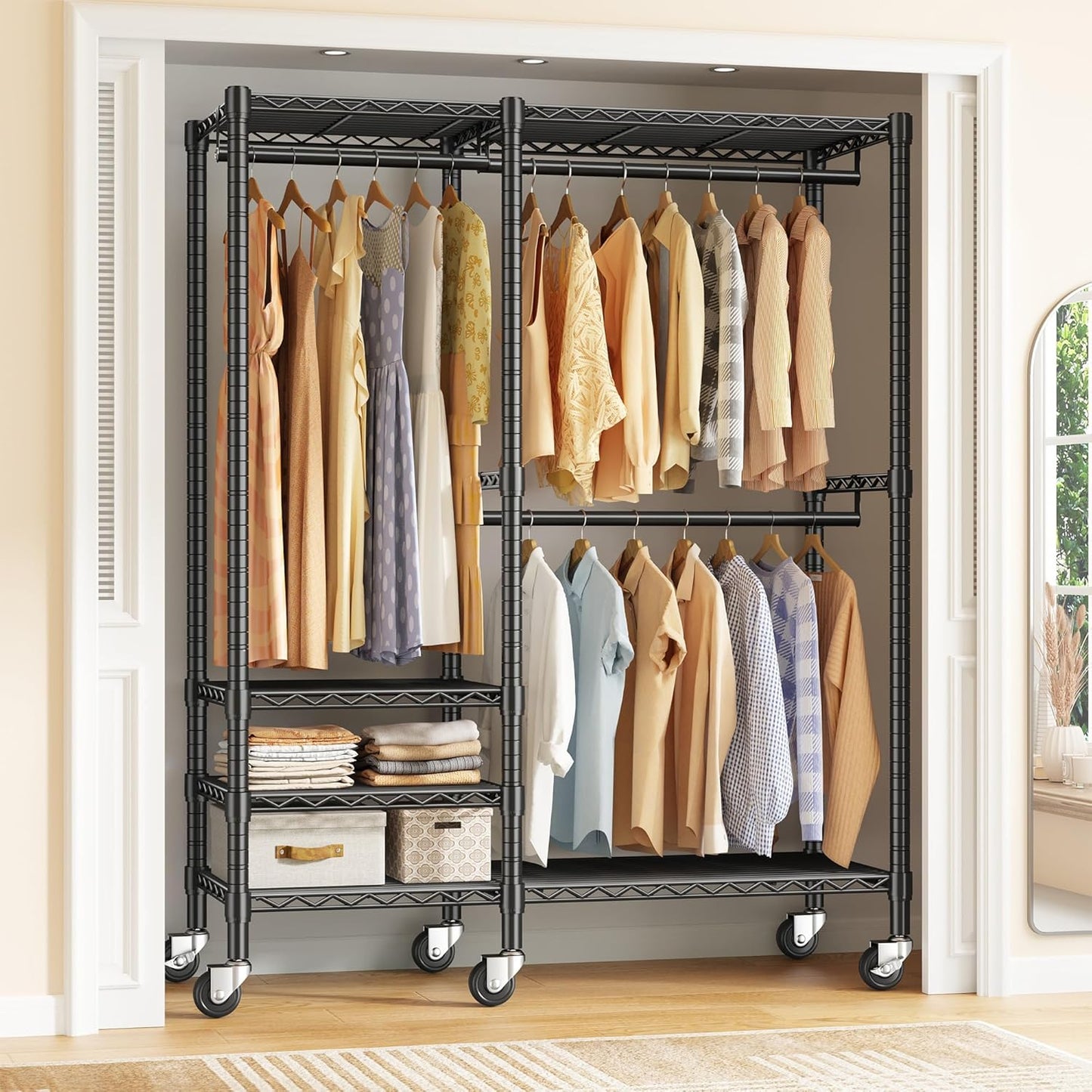 Raybee 79" H Clothes Rack, Clothing Racks for Hanging Clothes, Portable Closet with Wheels and 4 Tiers Adjustable Shelves, Black