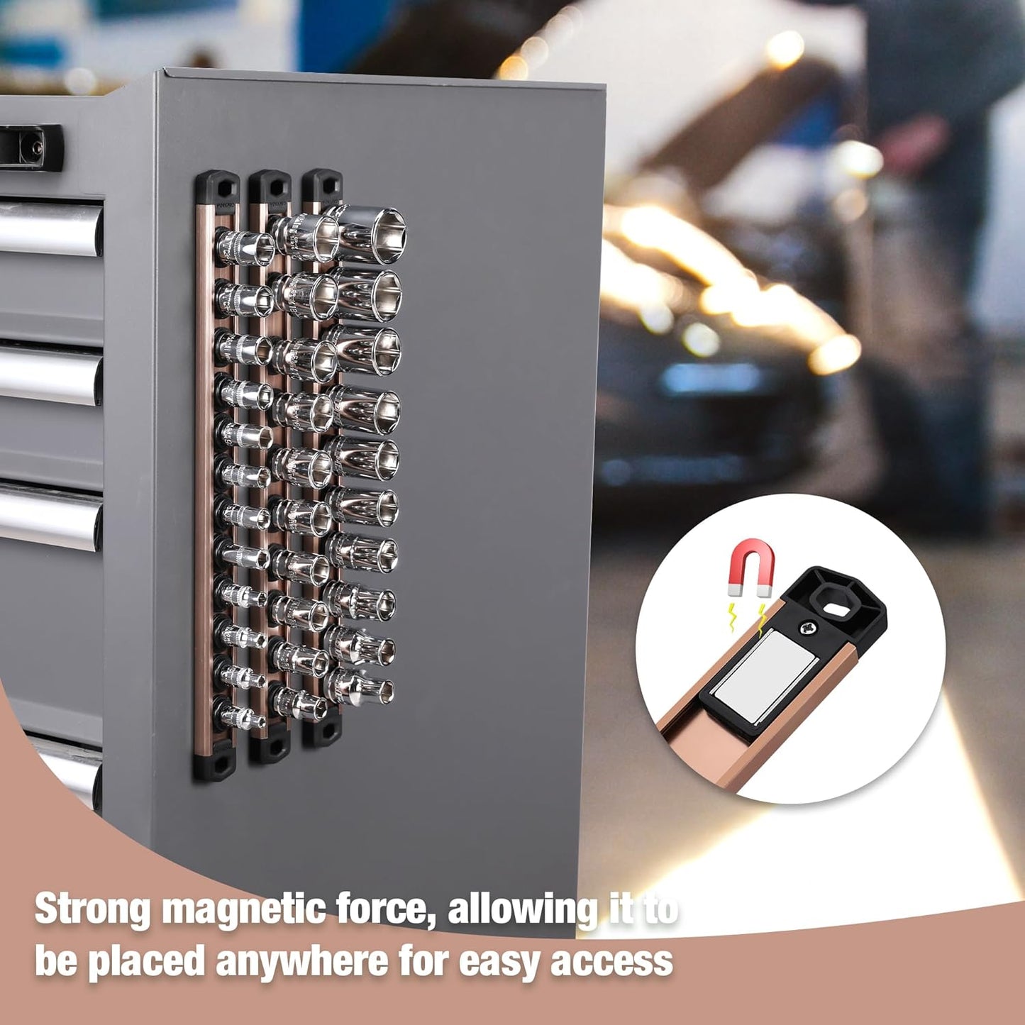 WORKPRO Magnetic Socket Organizer, 1/2-Inch Drive Aluminum Alloy Socket Rail, Heavy Duty Socket Holder, Socket Rack Kit 1/2-Inch x 10 Clips Champagne (Socket not Included)