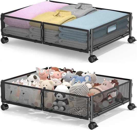 Under Bed Storage with Wheels, Rolling Under Bed Storage Storage Bins for Shoes Clothes, Foldable and Easy Mobility (2 Pack, Black)