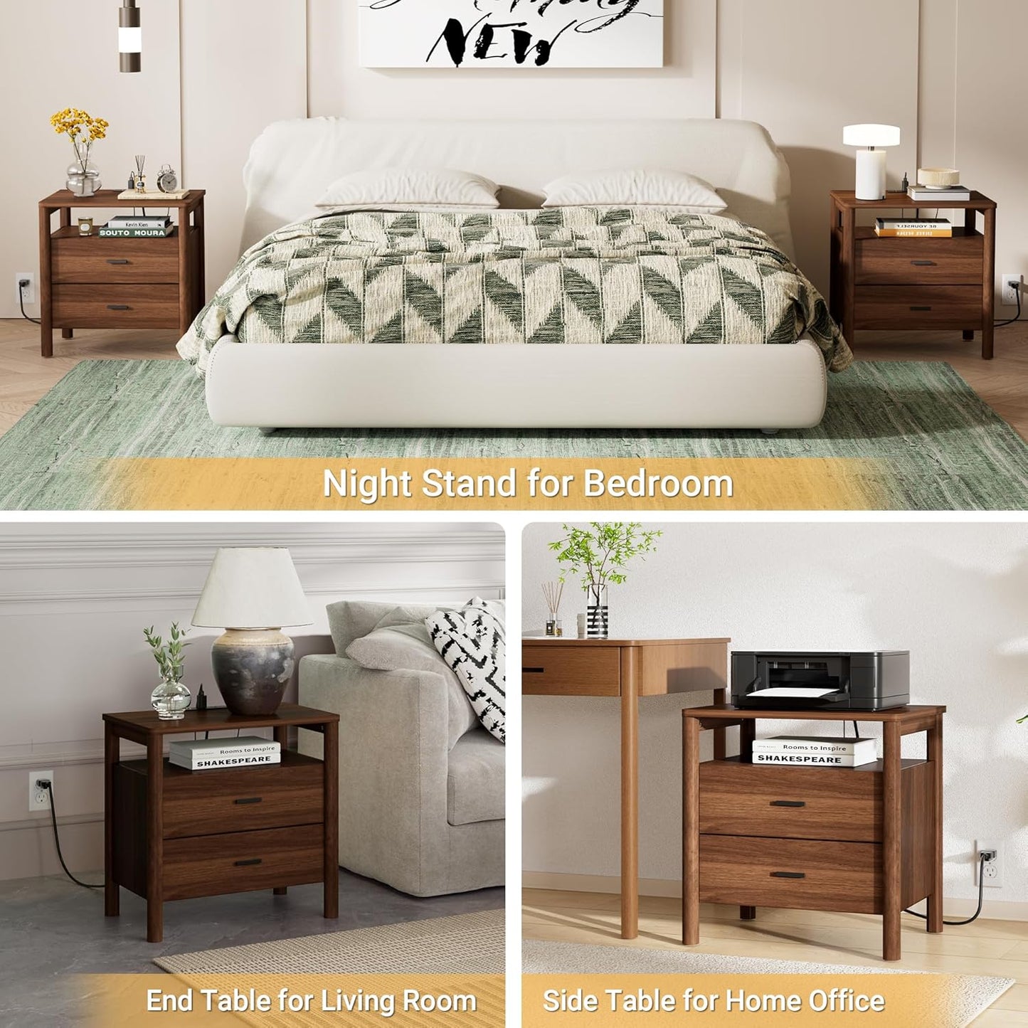 Night Stand with Charging Station, 24" Large Modern Side Table with Solid Round Post Legs, 2 Drawers Nightstand with Open Shelf, End Table/Bedside with Storage for Bedroom, Walnut