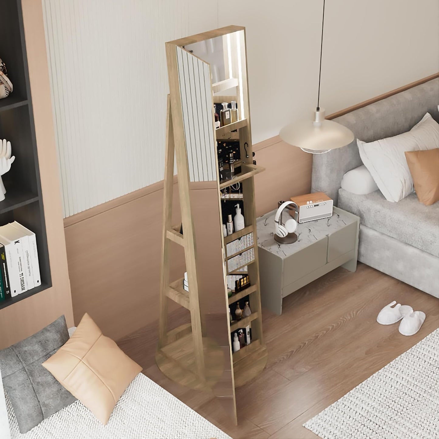 Montary 360° Rotating Jewelry Cabinet with Full-Length Mirror - Freestanding Jewelry Armoire with Lockable Storage, Built-In Lighted Mirror & Back Display Shelves,Brown