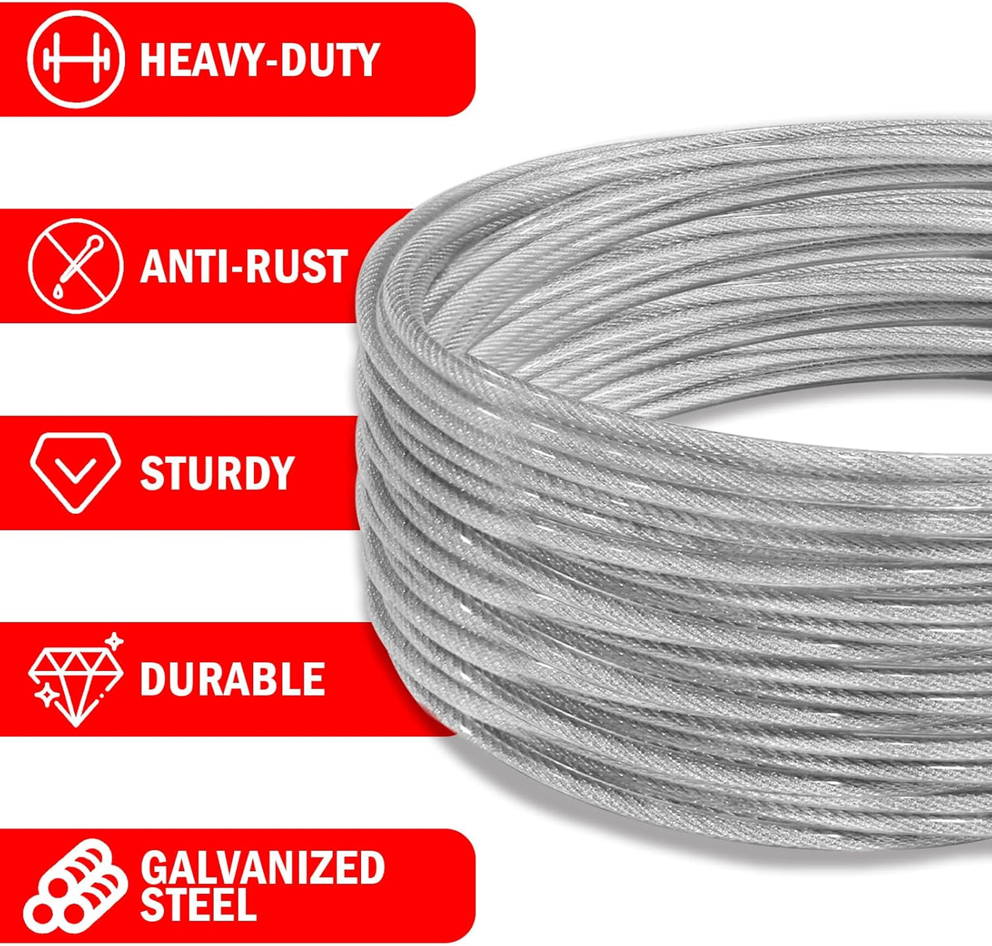 40ft Clothes Line Outdoors 3/16" Wire Ropes Silver PVC Coating Laundry Drying Clothesline Retractor with Metal Hooks Heavy Duty for Umbrella Travel Outside Camping Backyard