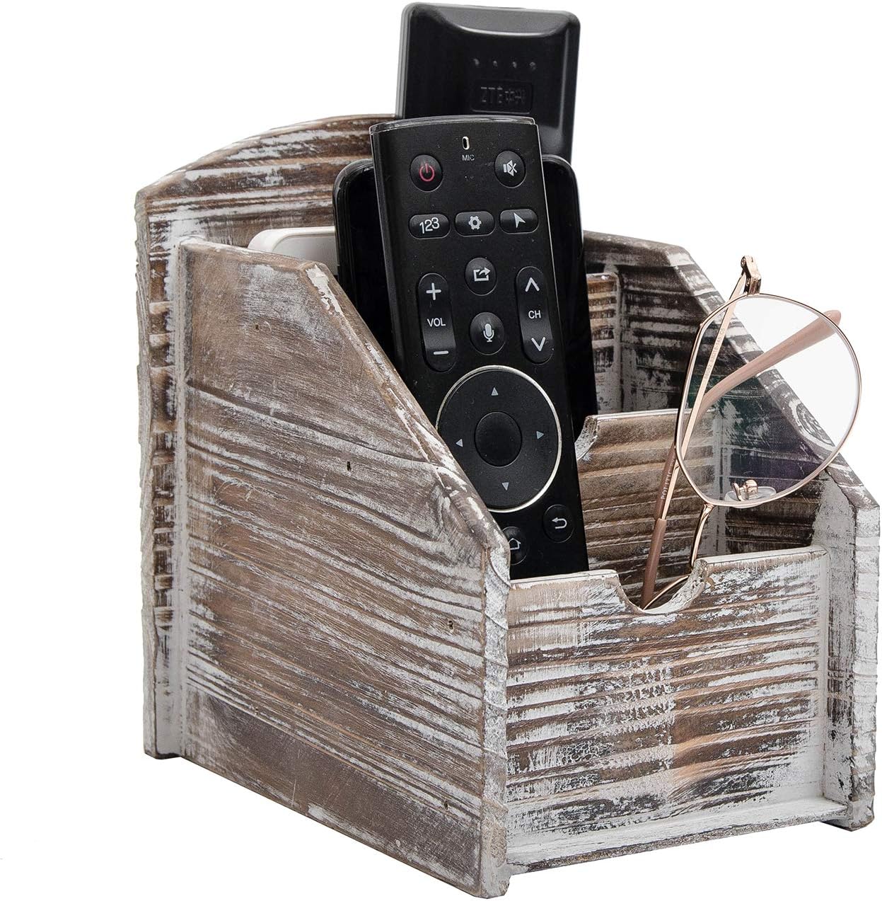 VERGOODR 3 Slot Rustic Wooden Remote Control Frame Media Organizer, Office Supply Storage Rack,Pen storage box (Torched Wood)