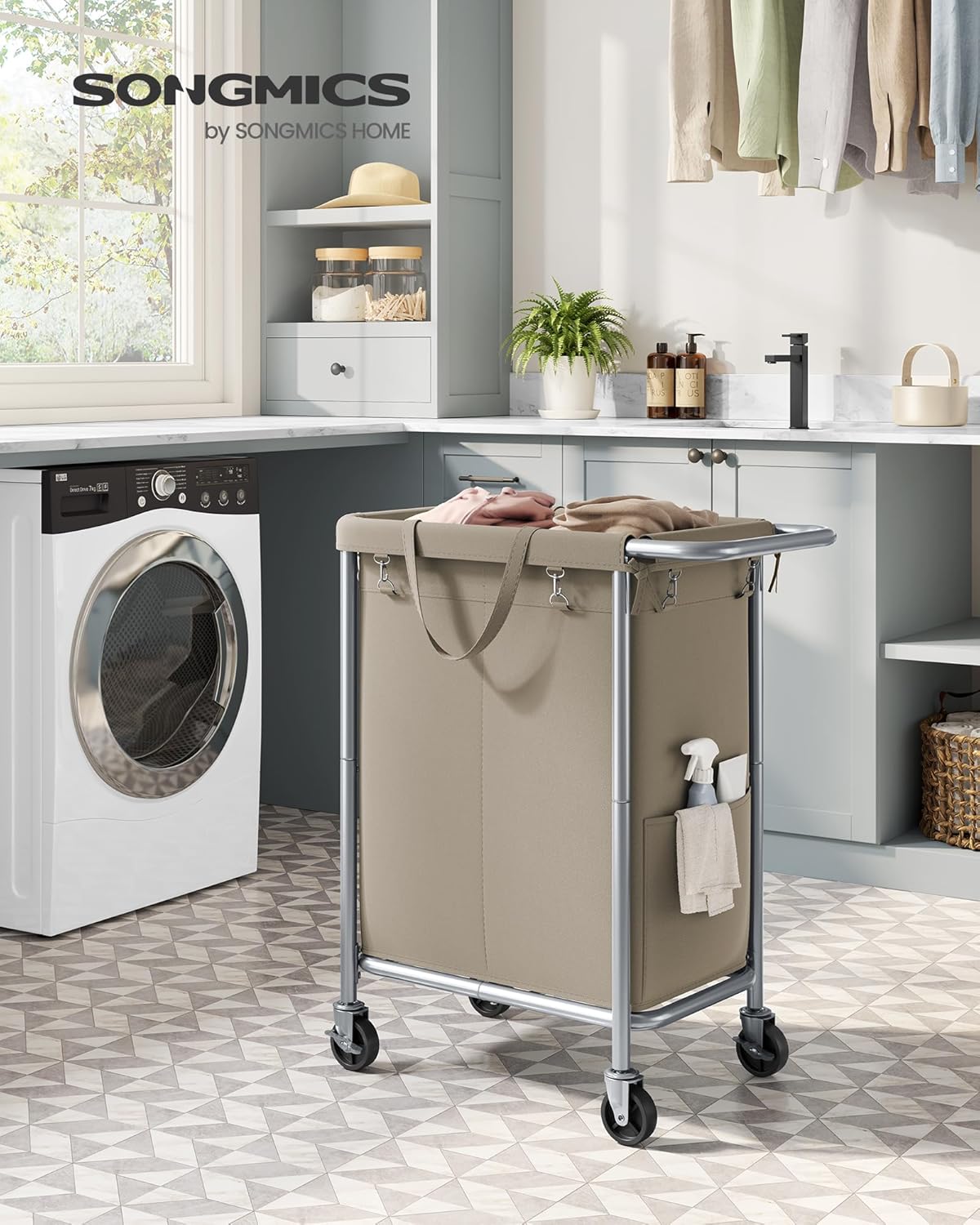 SONGMICS Laundry Basket with Wheels, 2-Section Rolling Laundry Hamper, 37 Gallons (140 L), Removable Liner, Steel Frame with Handle, 27.2 x 15.4 x 31.9 Inches, Camel Brown URLS004N01