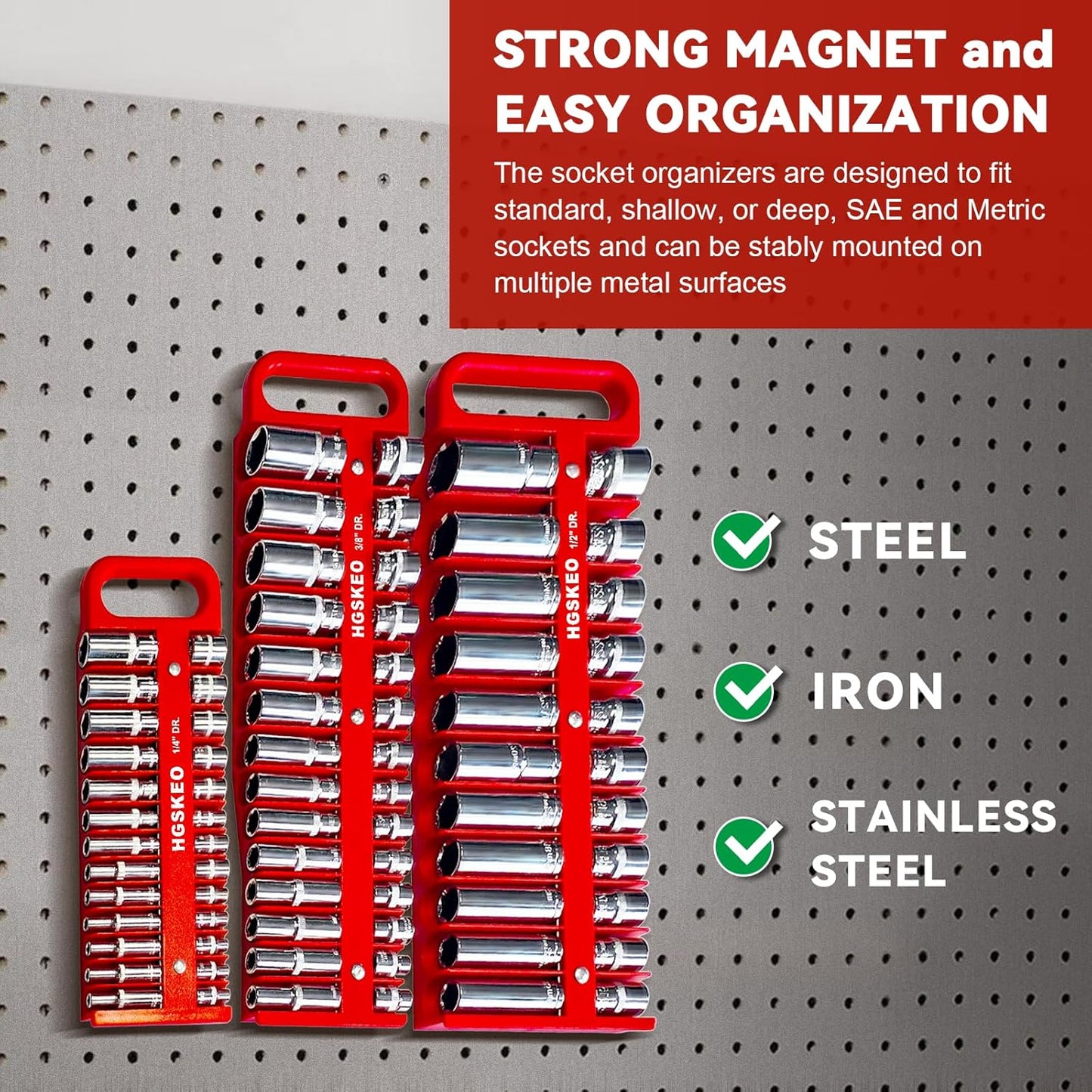 Magnetic Socket Holder Set with Handle, Portable Socket Organizer, Heavy Duty Socket Racks 1/2" Drive Holders Hold 22 standard Sockets for Tool Box (Red, 1/2" Drive)
