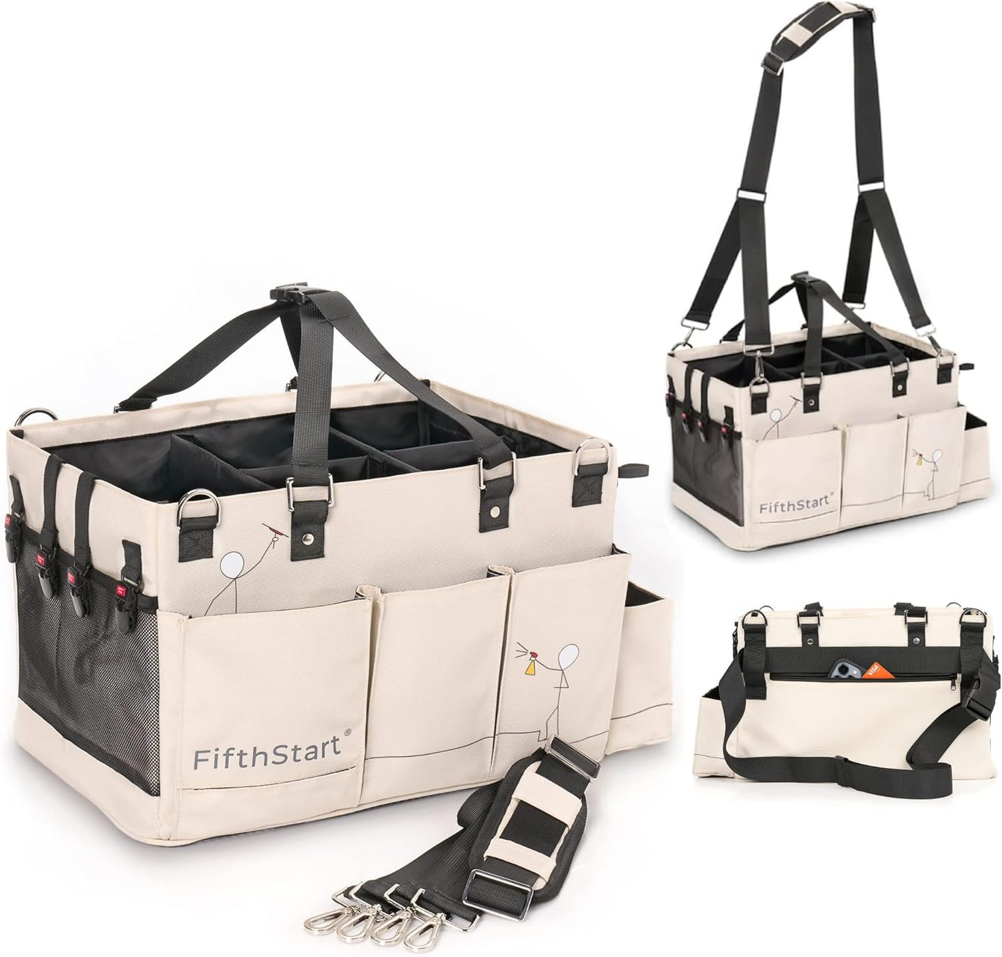 FifthStart Multiuse Cleaning Caddy with Waist & Shoulder Strap,9 Pockets Professional Bag, Mesh Base & Adjustable Compartments - Beige Large Organizer with Handle - Cleaning Caddy Bag (Beige, Large)