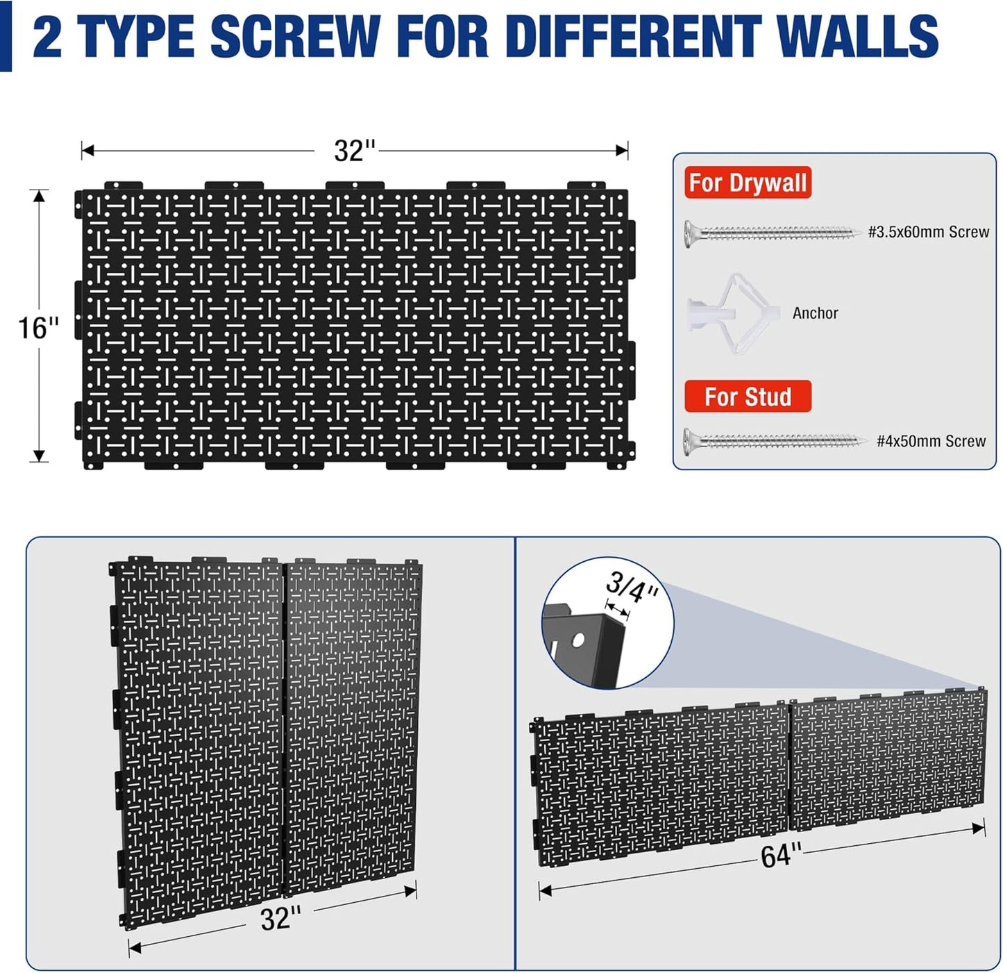 WORKPRO Metal Pegboard 16”x 32” Steel Panel with Round Holes & Vertical Slots 3-Pack, Black Heavy Duty Garage Peg Board Wall Pegboard for Wood Working Work Shop, Craft Room Organization