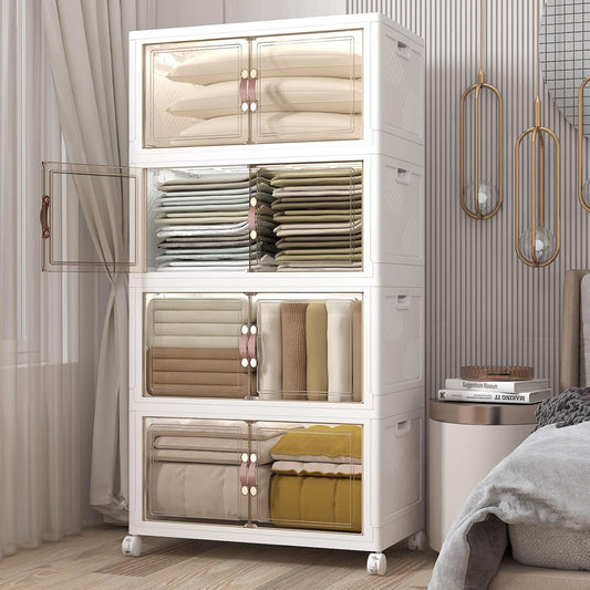 Extra Large Stackable Storage Bins with Lids & Wheels, Foldable Collapsible Closet Organizers Storage Cabinet with Doors for Bedroom Dorm (White, 672QT-168QT/42GAL*4Pack)